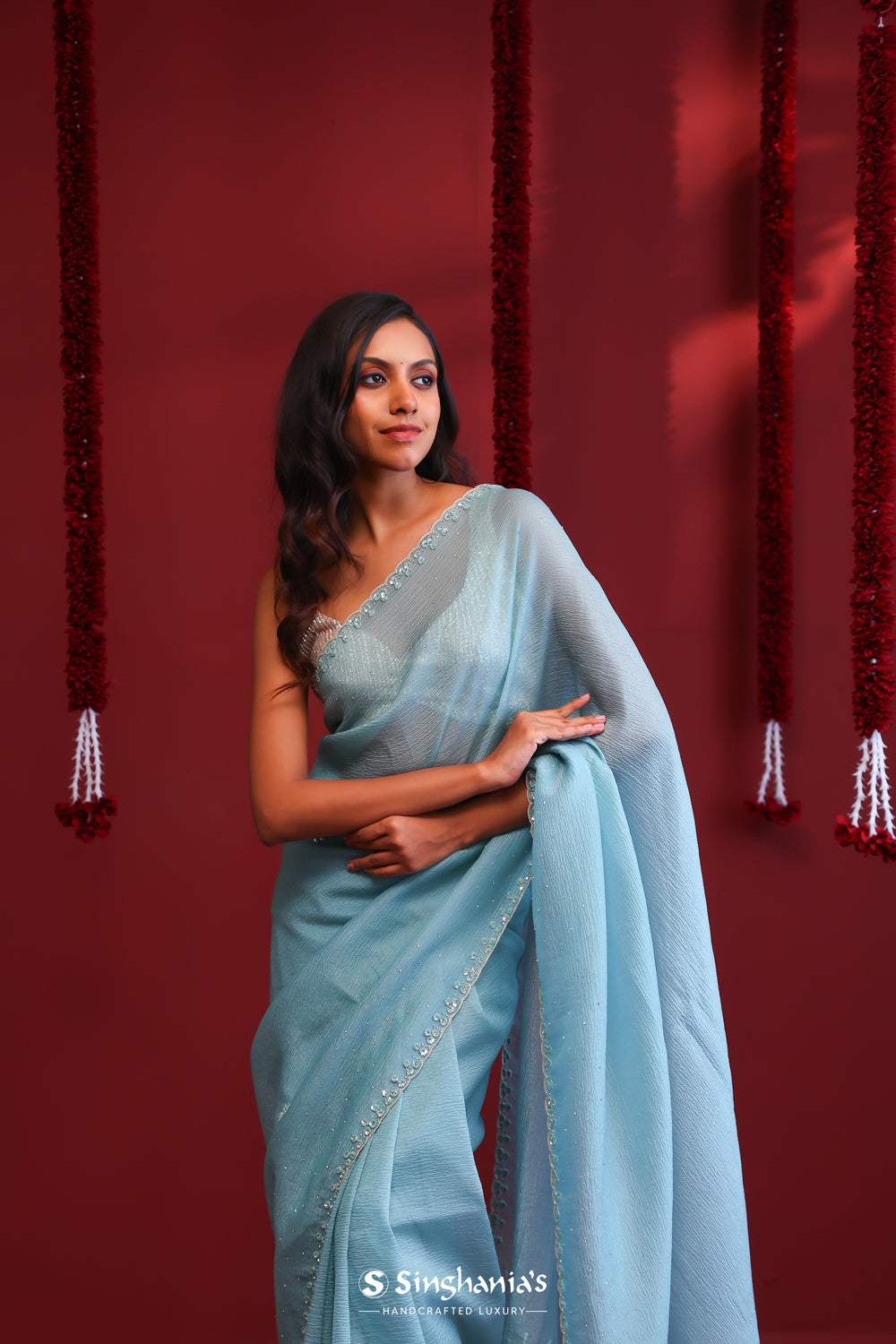 Sky Blue Organza Saree With Hand Embroidery