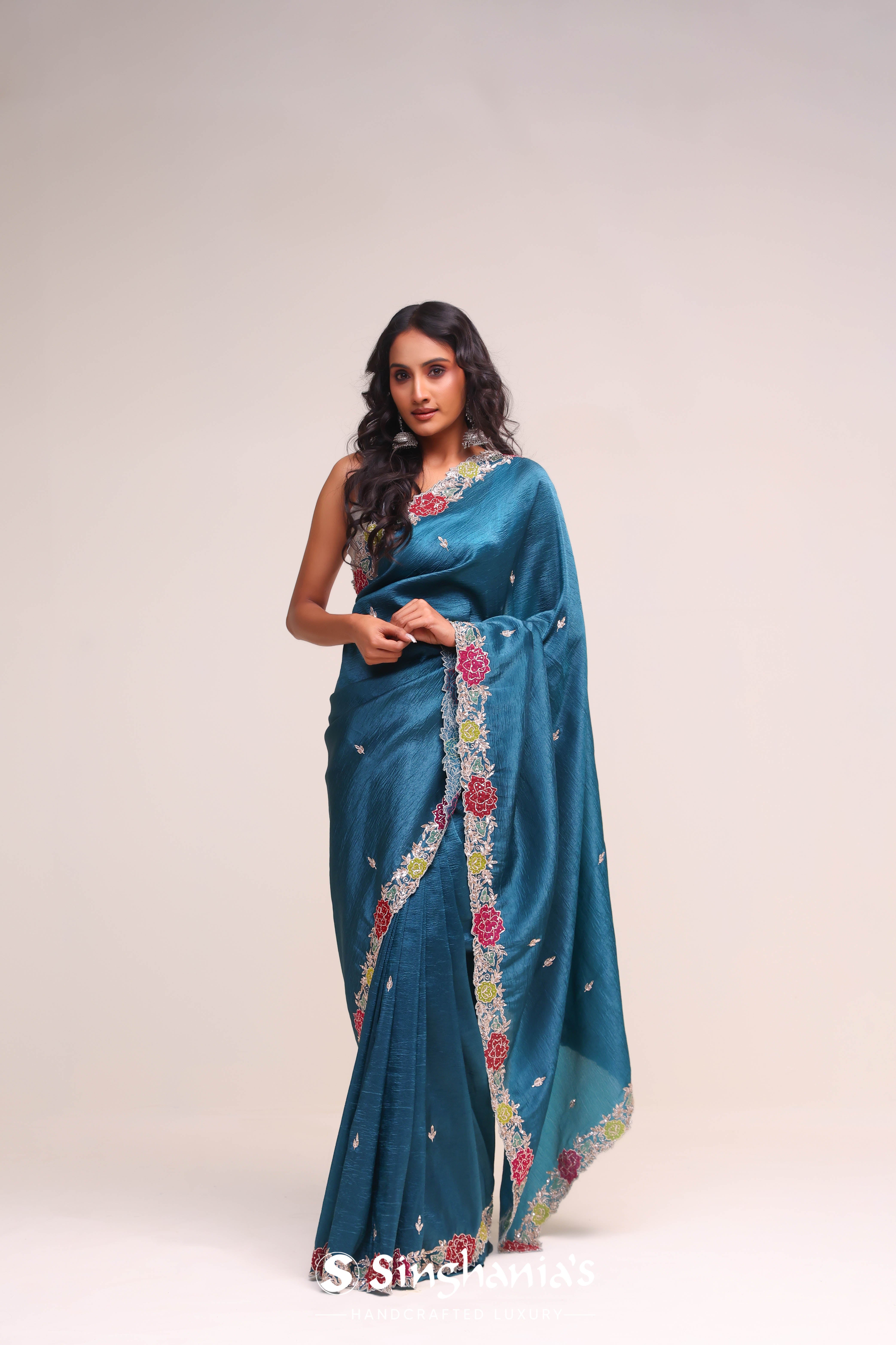 Lapis Blue Organza Handcrafted Saree