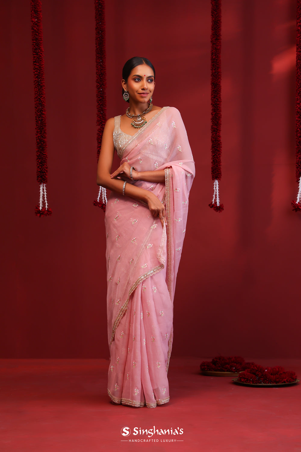 Light Pink Handcrafted Organza Saree