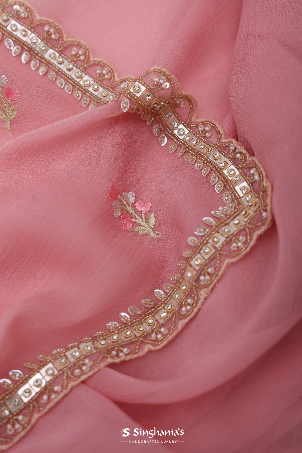 Light Pink Handcrafted Organza Saree