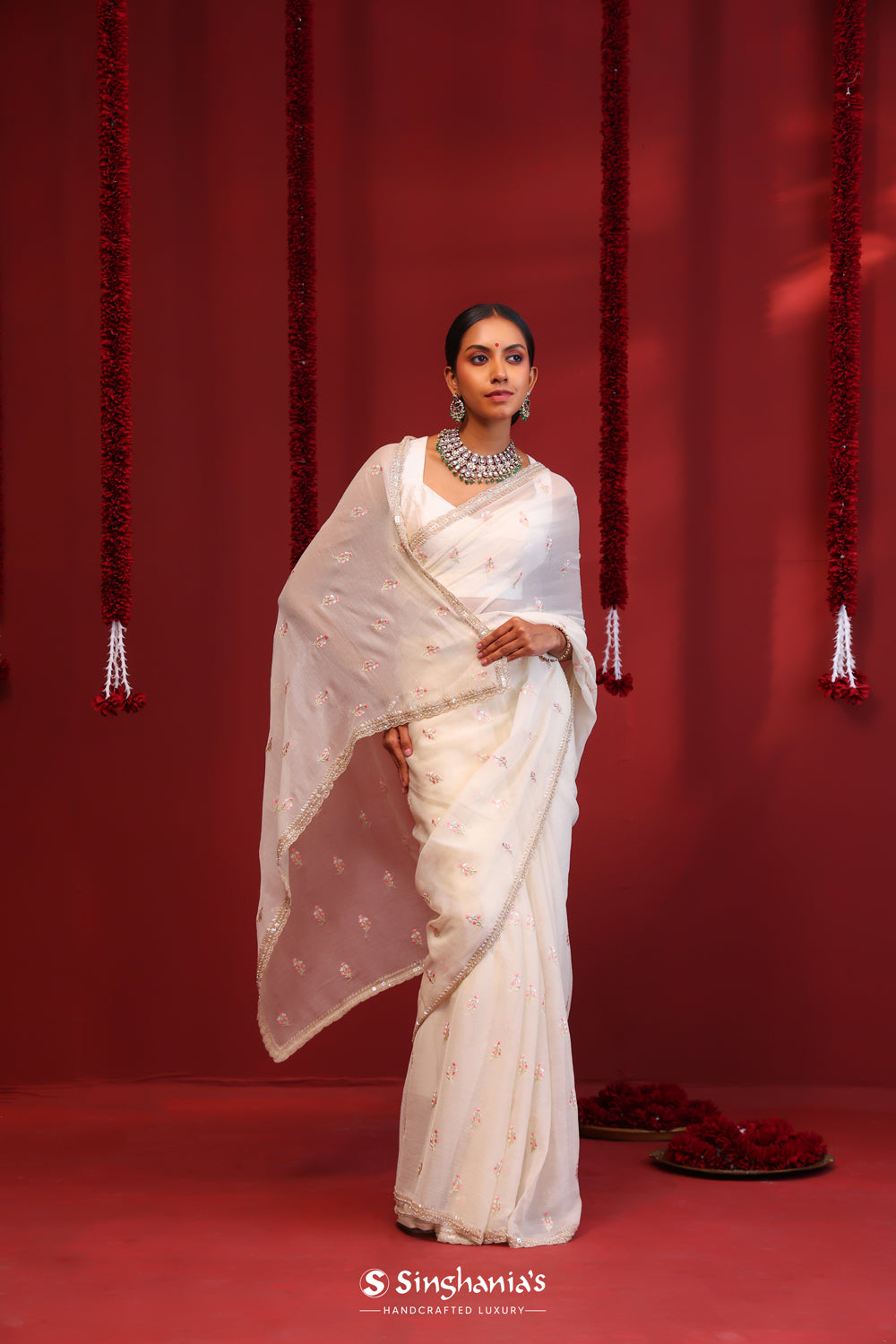 Cream White Handcrafted Organza Saree