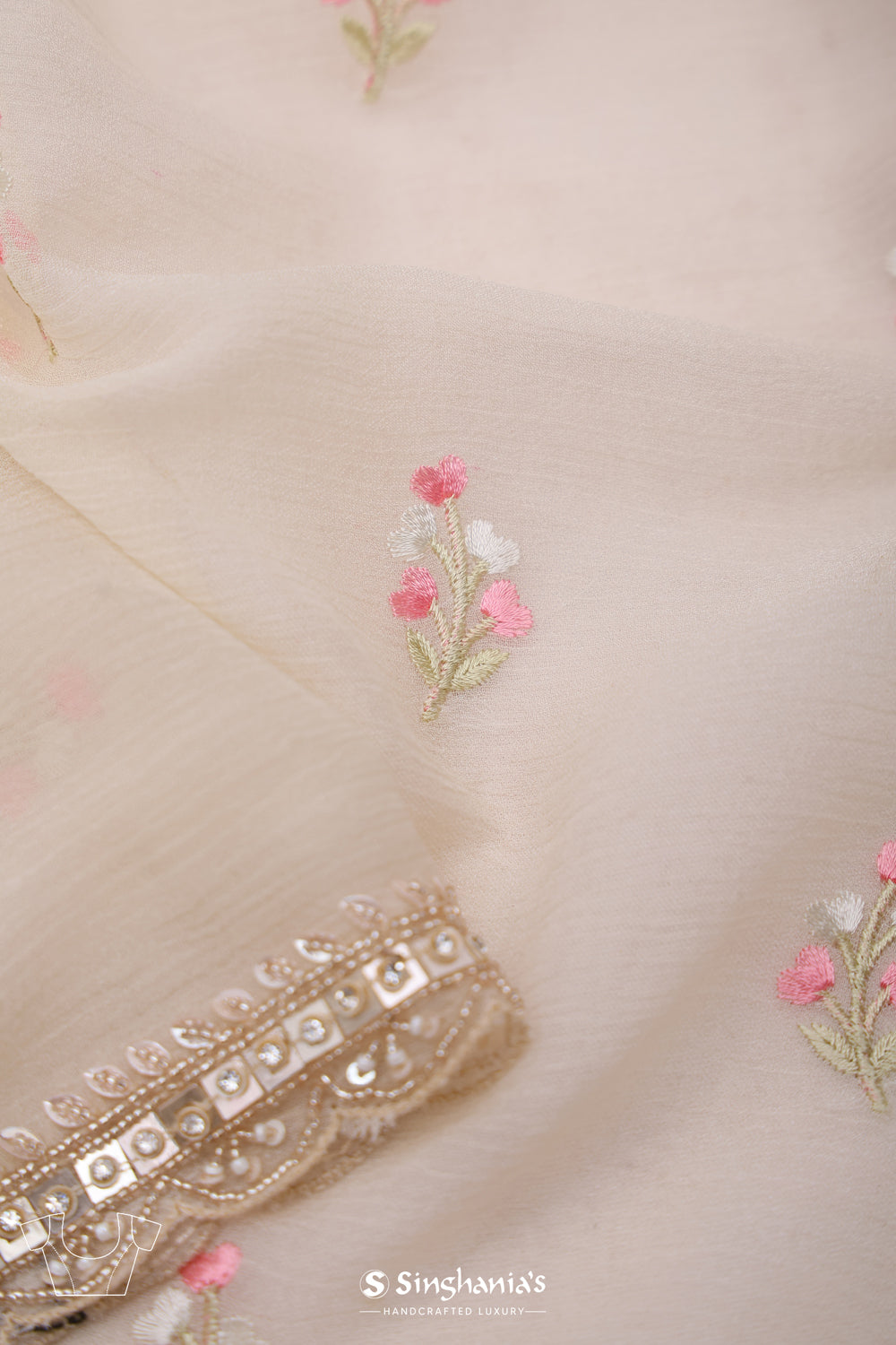 Cream White Handcrafted Organza Saree