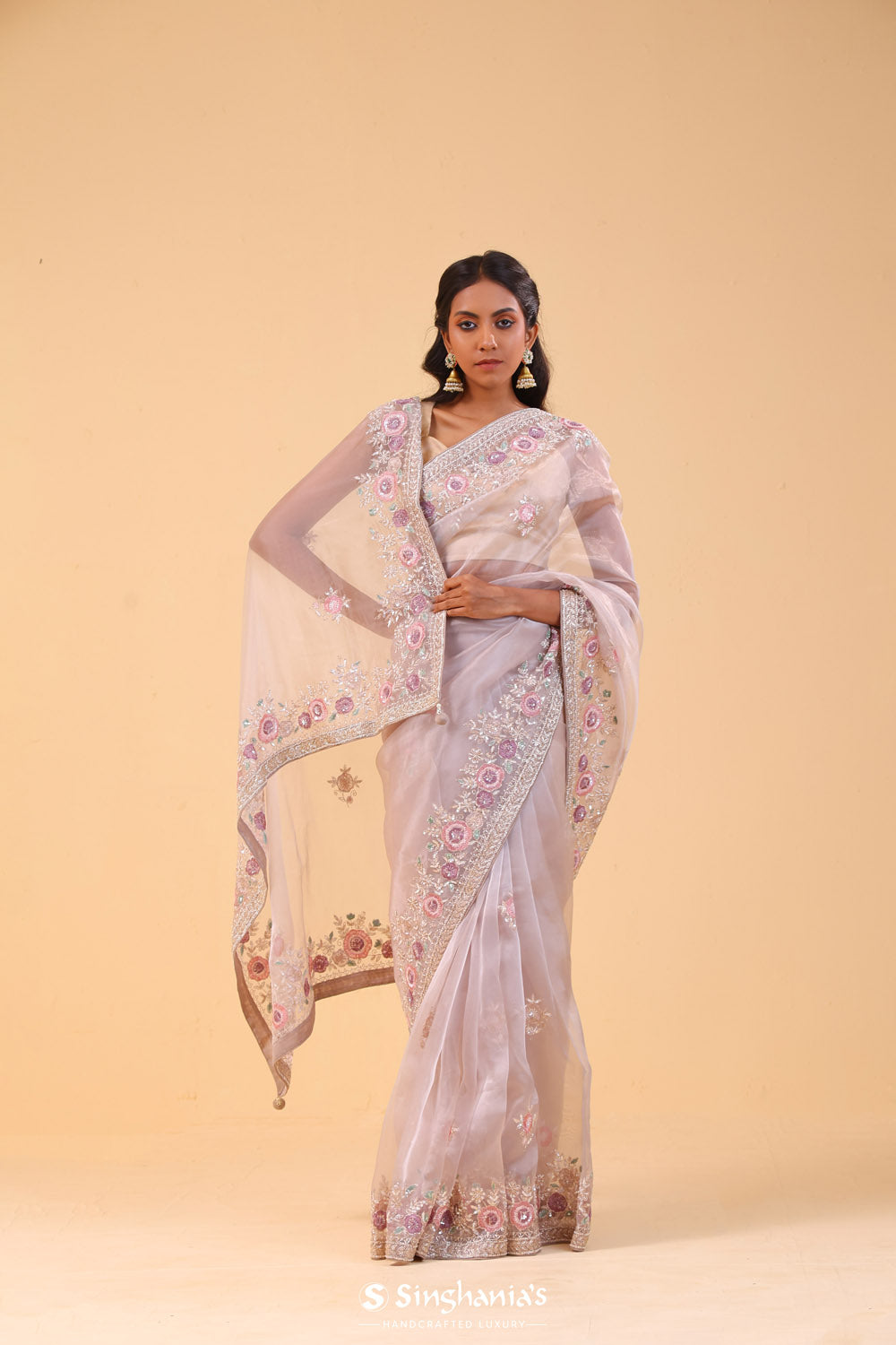 Grey White Handcrafted Saree