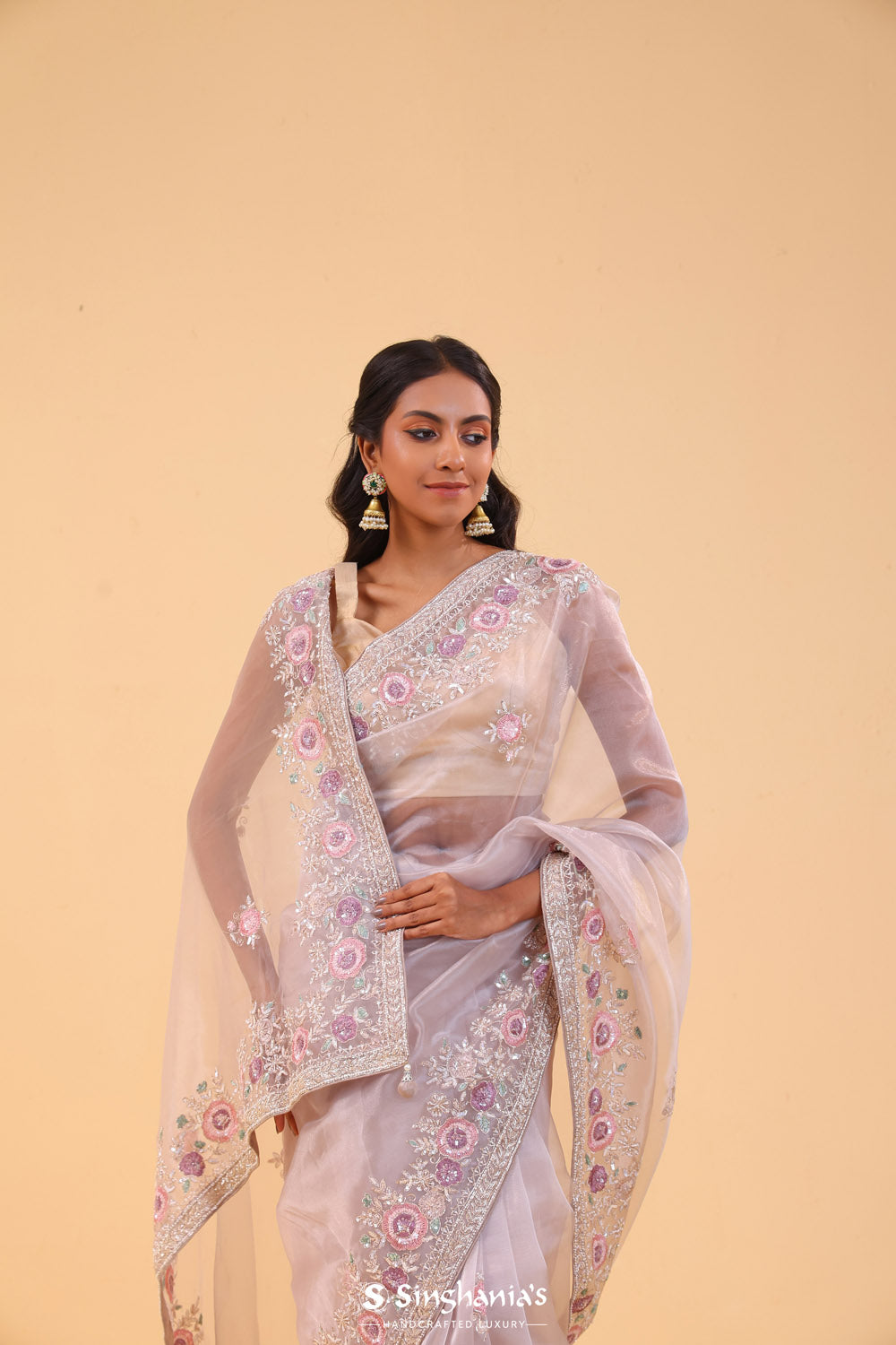 Grey White Handcrafted Saree