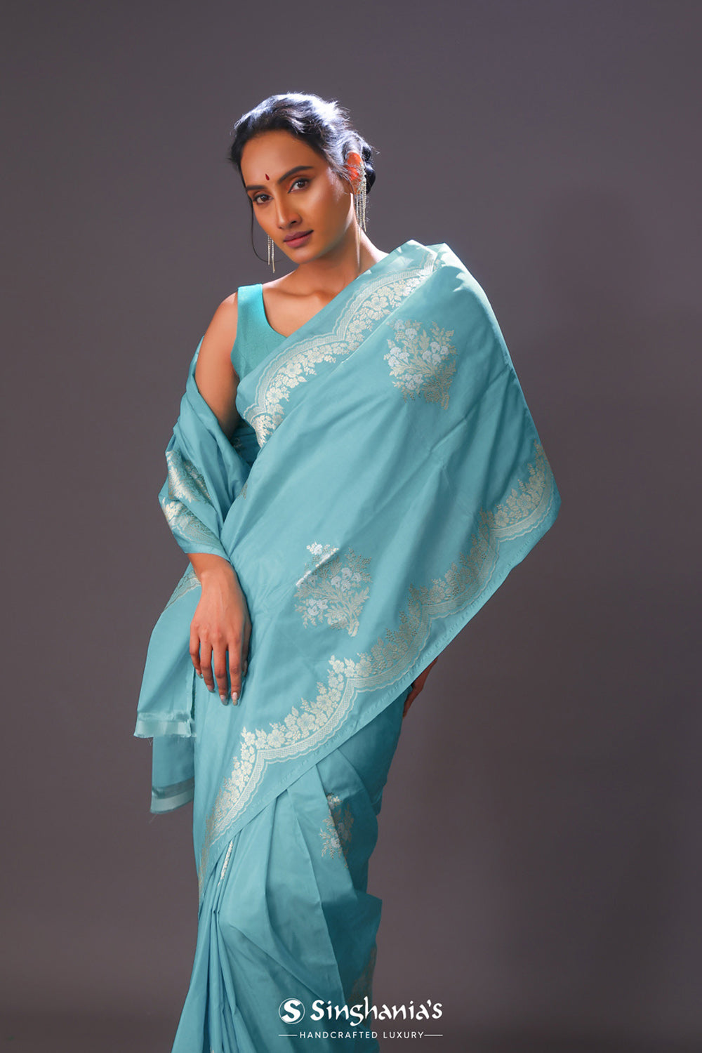 Turquoise Blue Butta Banarasi Silk Saree