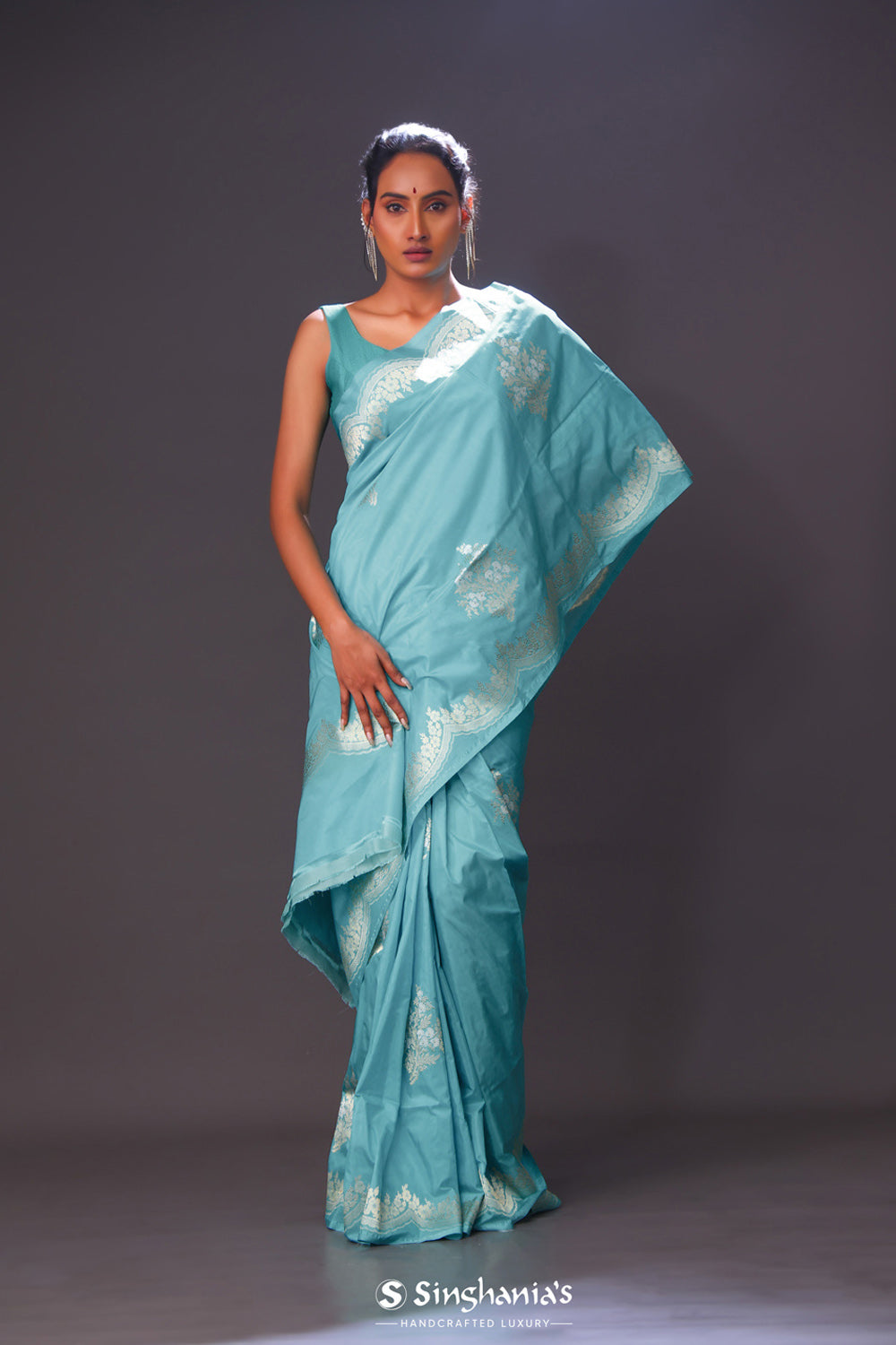 Turquoise Blue Butta Banarasi Silk Saree