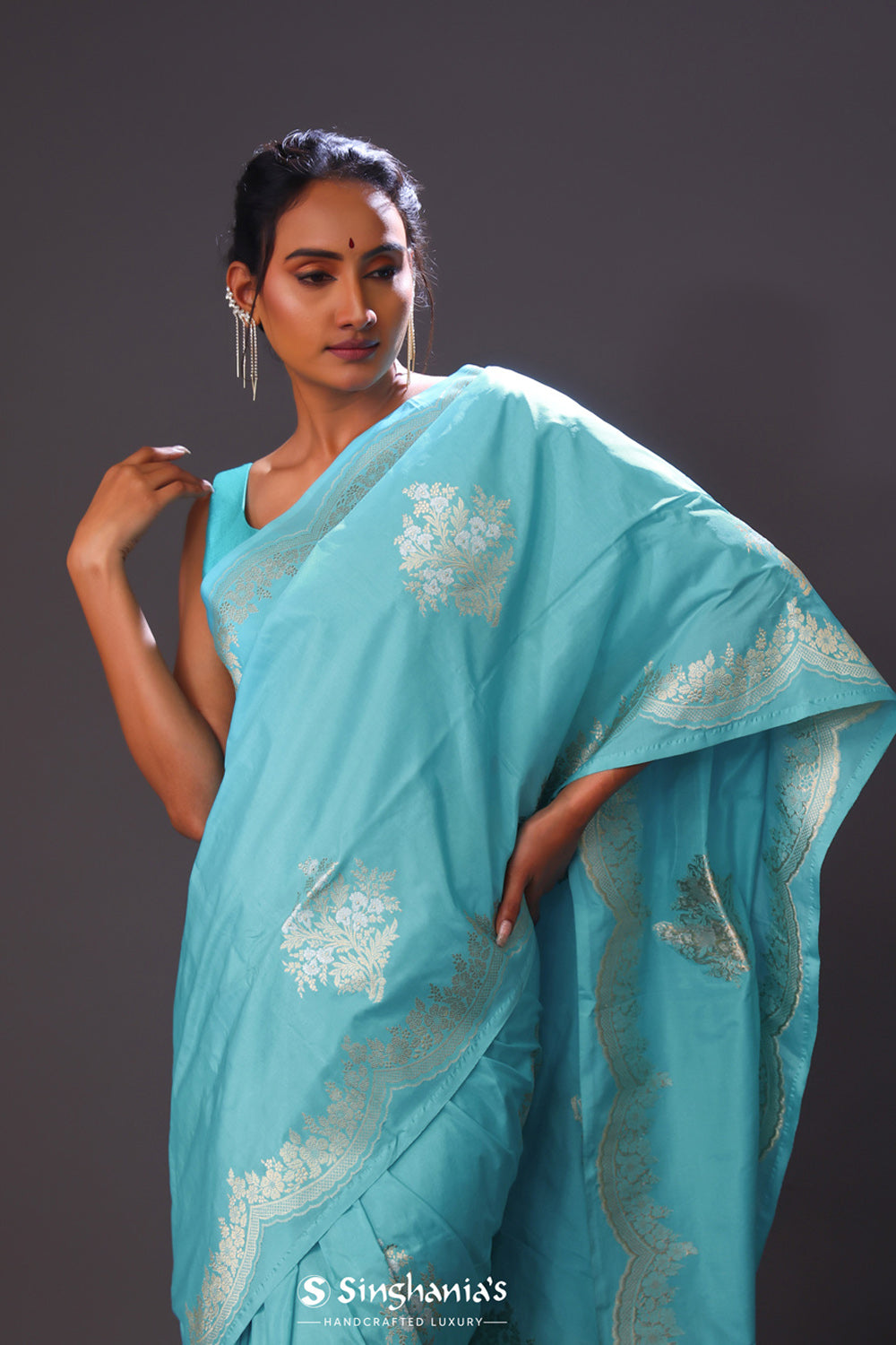 Turquoise Blue Butta Banarasi Silk Saree