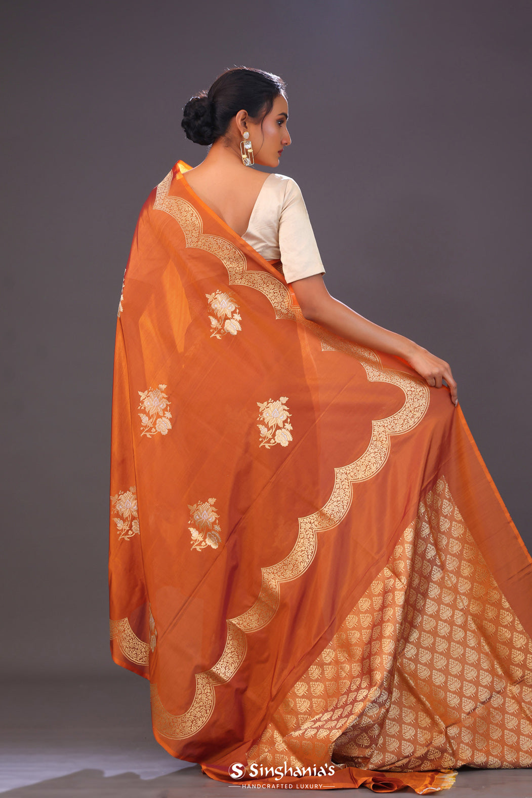 Burnt Orange Butta Banarasi Silk Saree