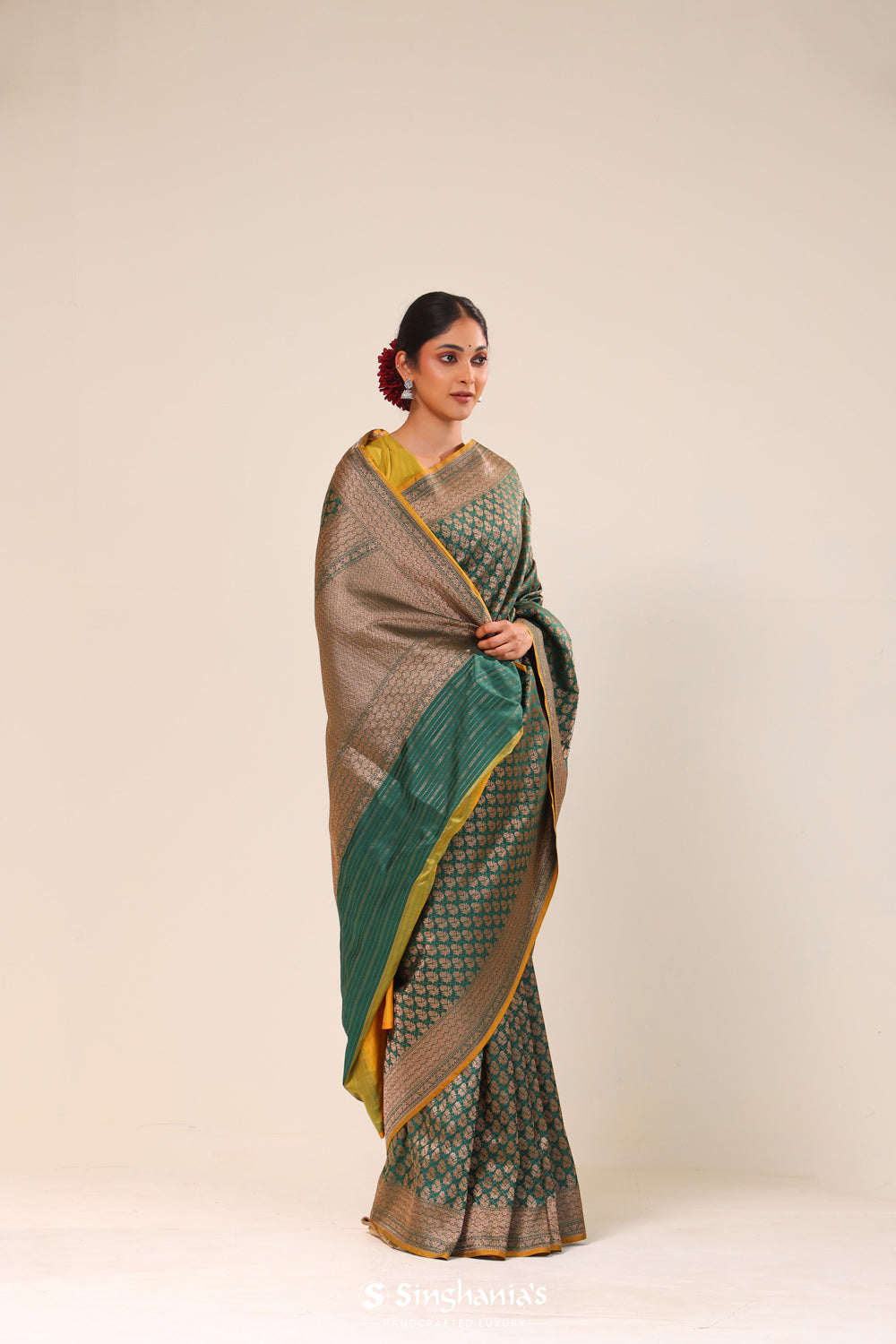 Bottle Green Chiniya Banarasi Silk Saree