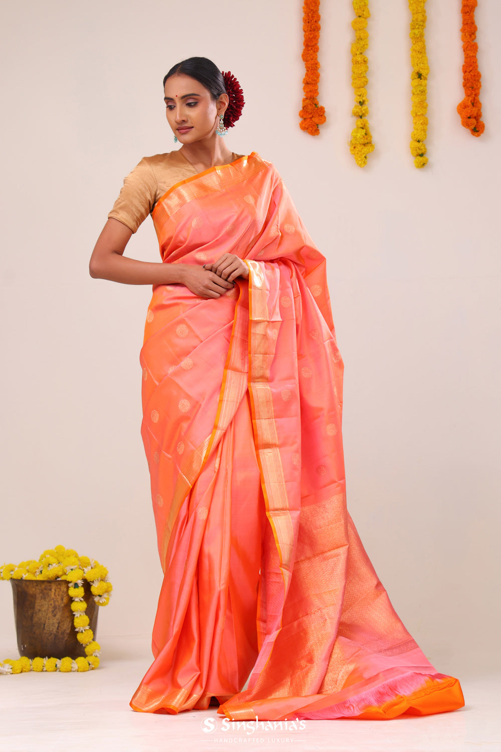 Georgia Peach Peacock Kanjivaram Silk Saree