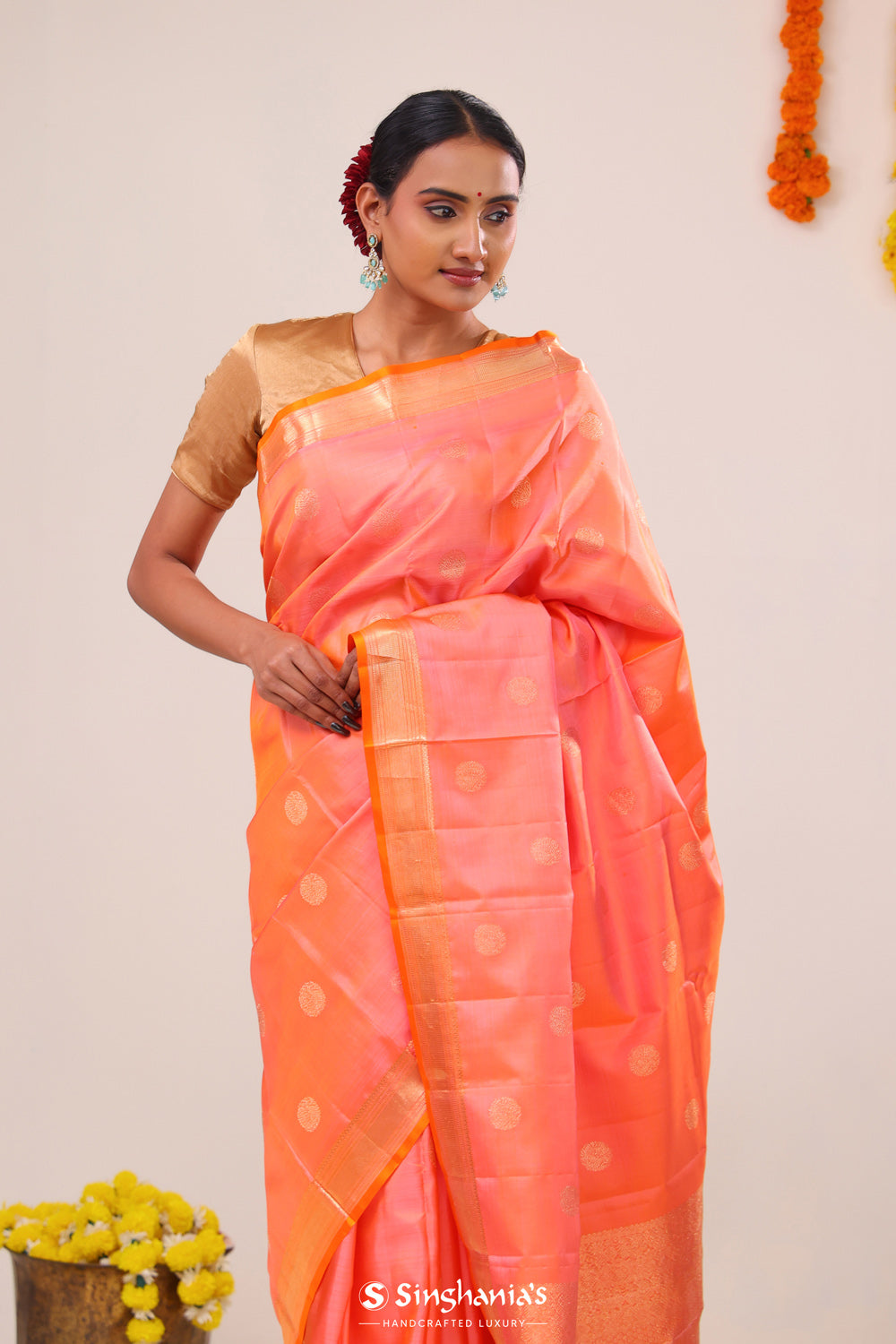 Georgia Peach Peacock Kanjivaram Silk Saree