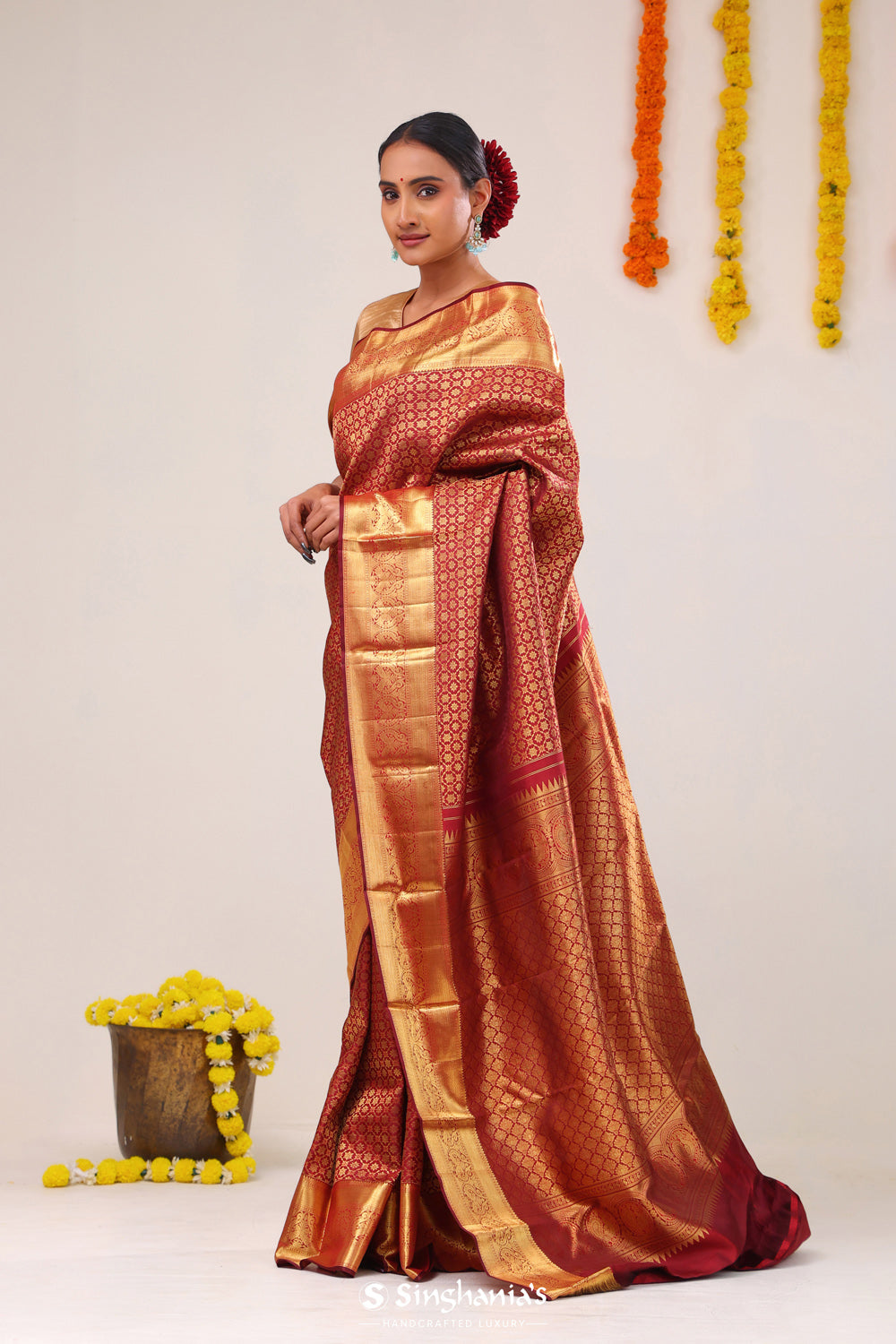 Deep Red Floral Jaal Kanjivaram Silk Saree