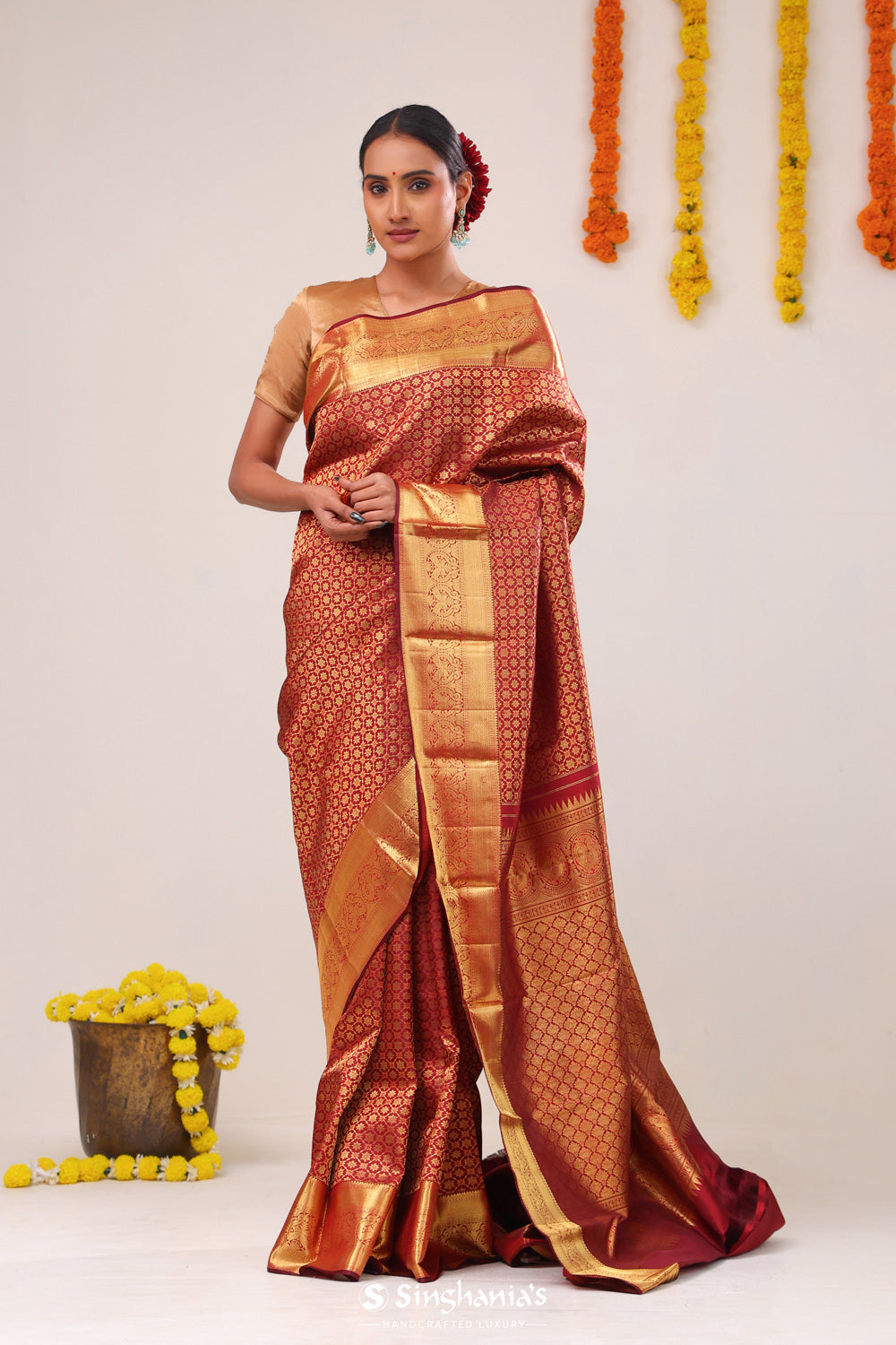 Deep Red Floral Jaal Kanjivaram Silk Saree