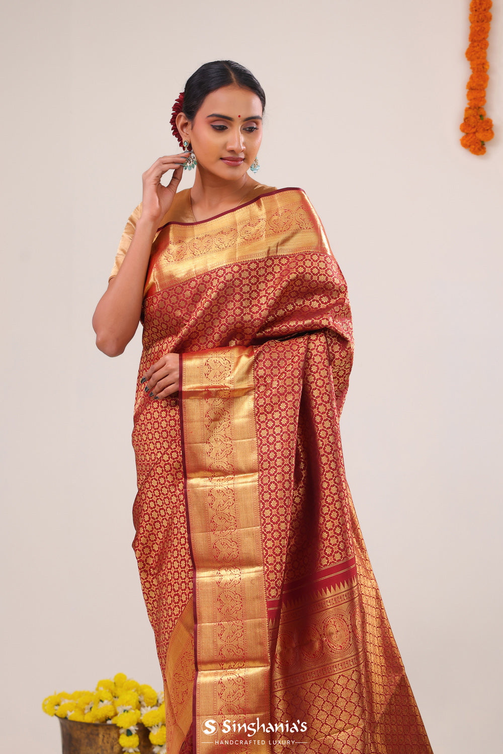 Deep Red Floral Jaal Kanjivaram Silk Saree