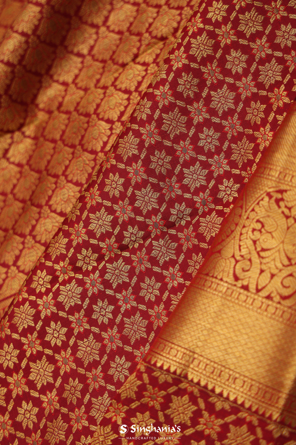 Deep Red Floral Jaal Kanjivaram Silk Saree