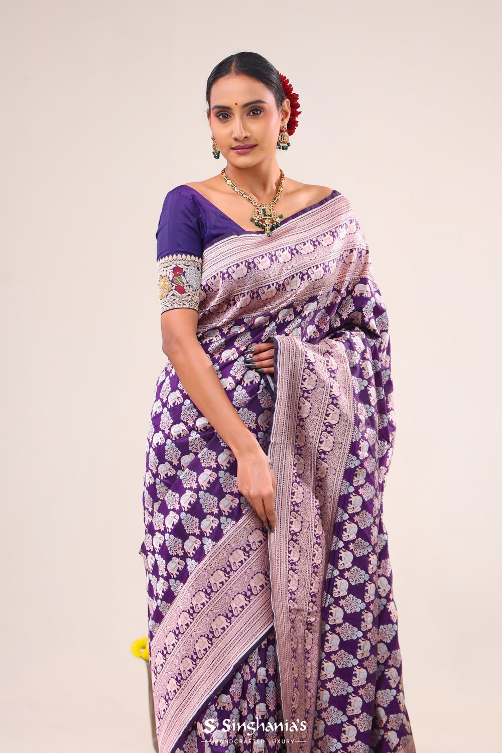 Dark Purple Elephant Banarasi Silk Saree