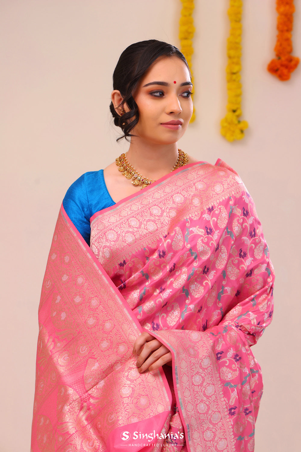 Flamingo Pink Peaocok Banarasi Silk Saree