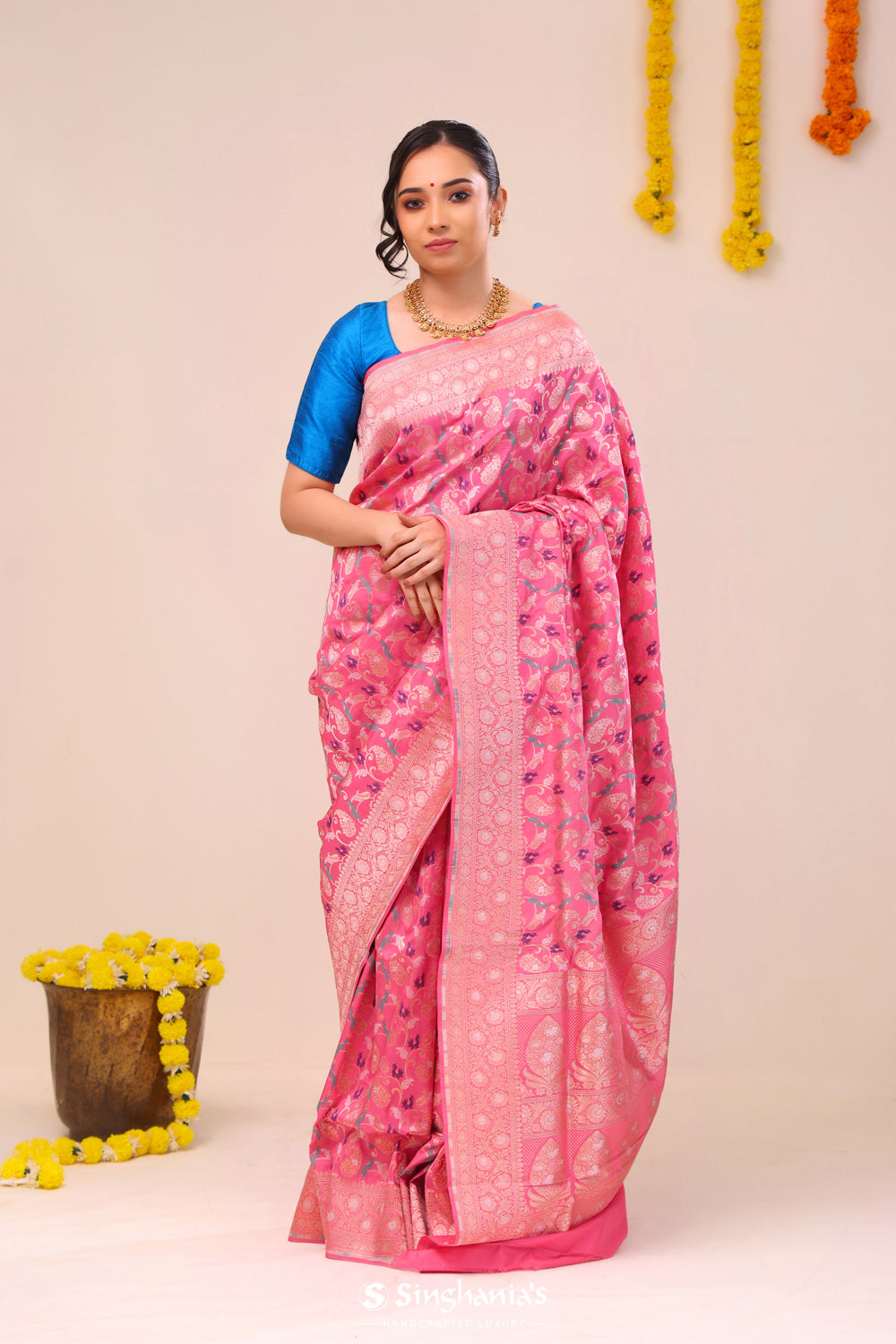 Flamingo Pink Peaocok Banarasi Silk Saree