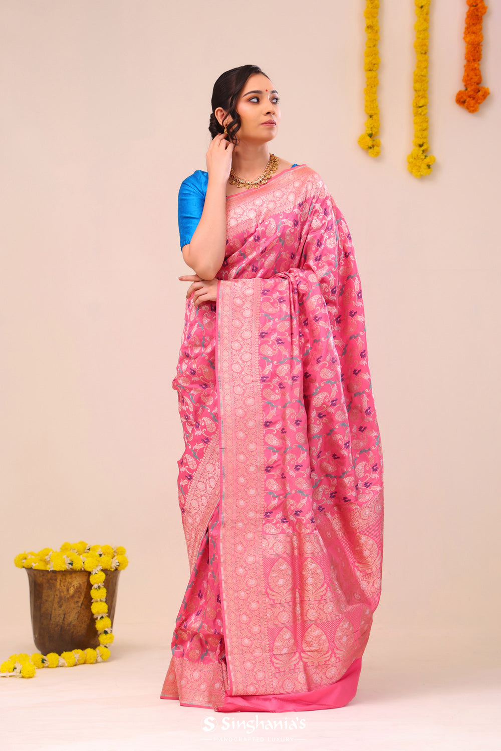 Flamingo Pink Peaocok Banarasi Silk Saree