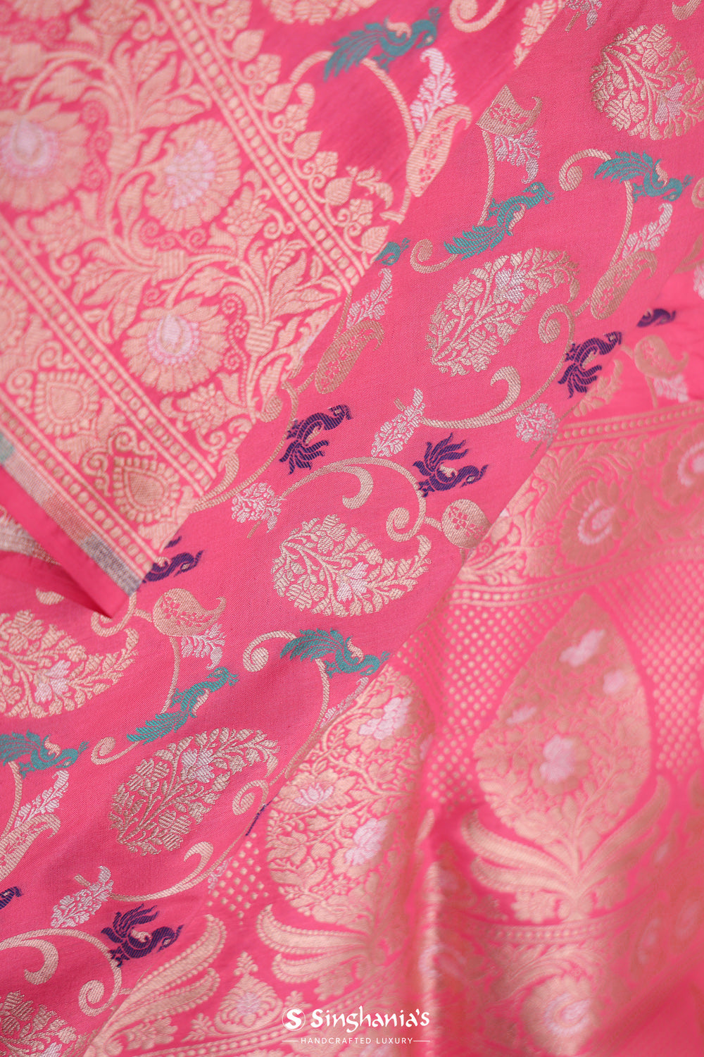 Flamingo Pink Peaocok Banarasi Silk Saree