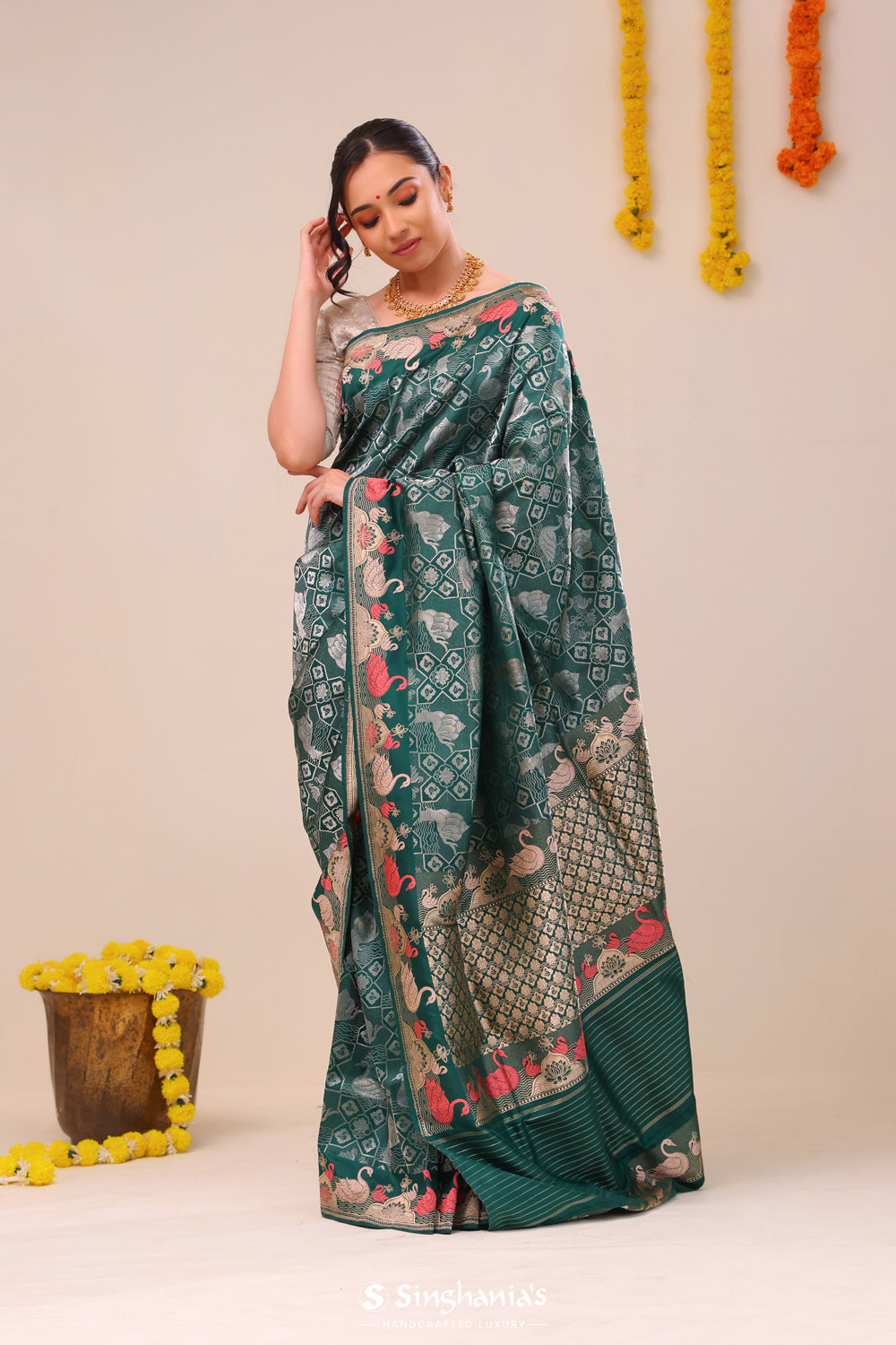 Bottle Green Jaal Banarasi Silk Saree