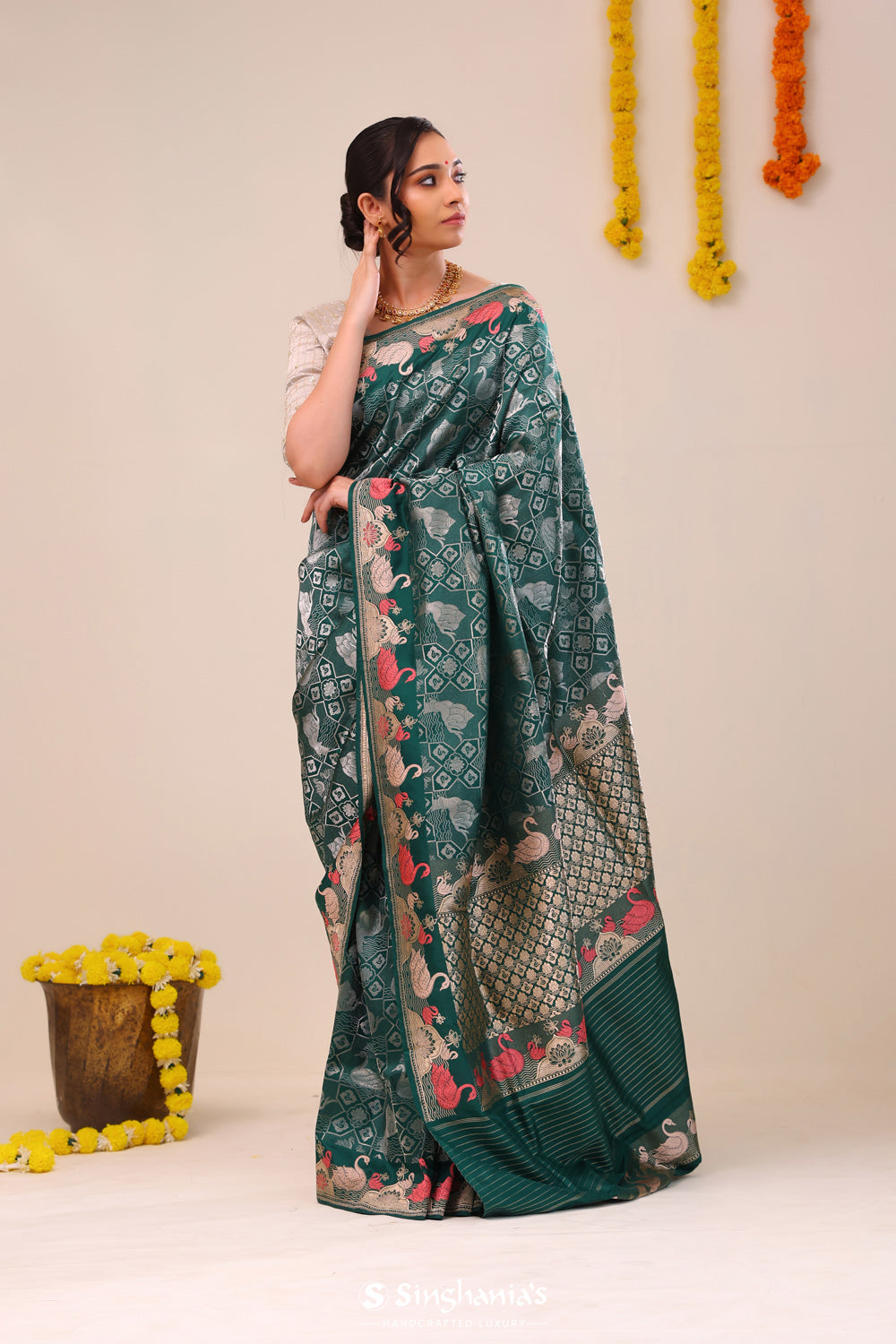 Bottle Green Jaal Banarasi Silk Saree