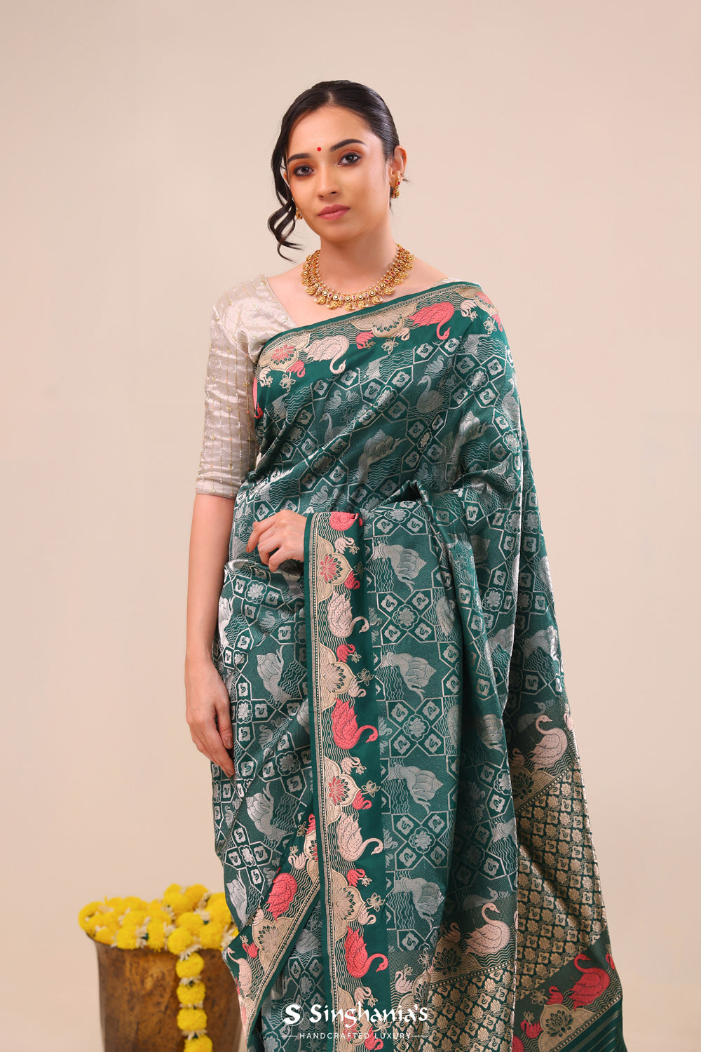 Bottle Green Jaal Banarasi Silk Saree