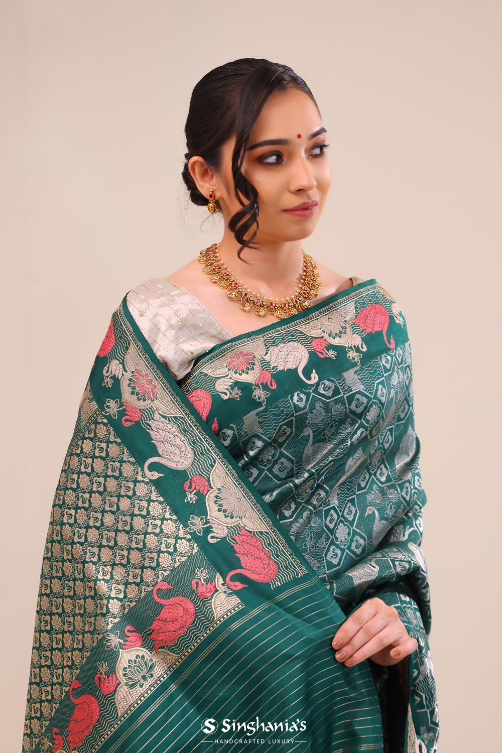 Bottle Green Jaal Banarasi Silk Saree