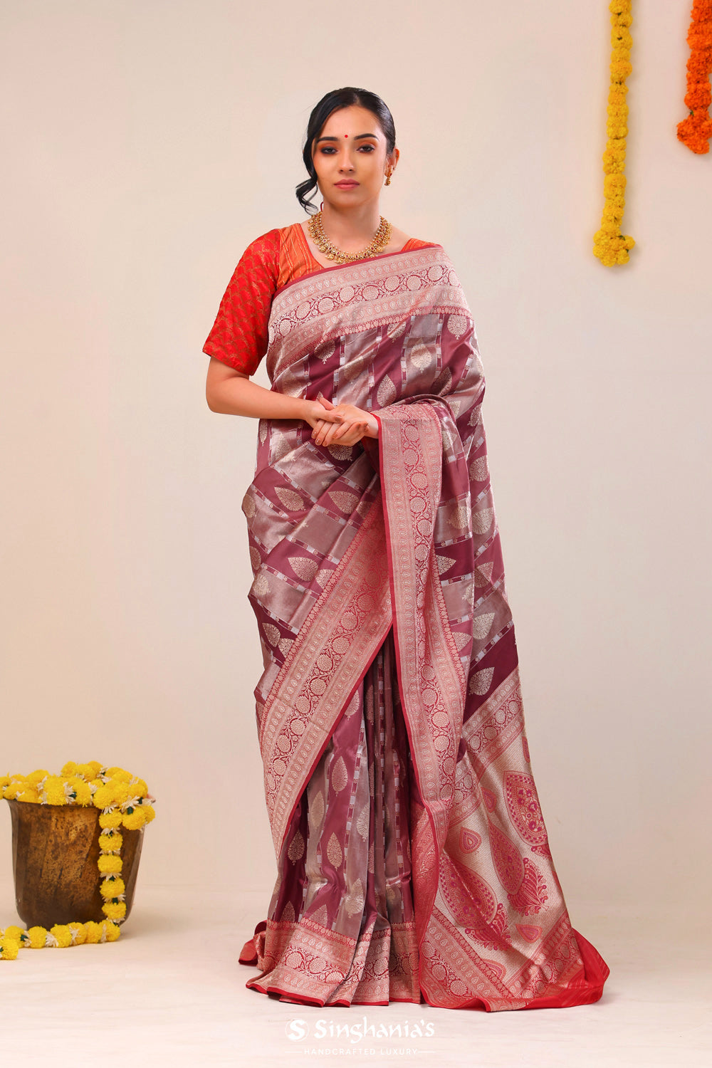 Hibiscus Red Butta Banarasi Silk Saree