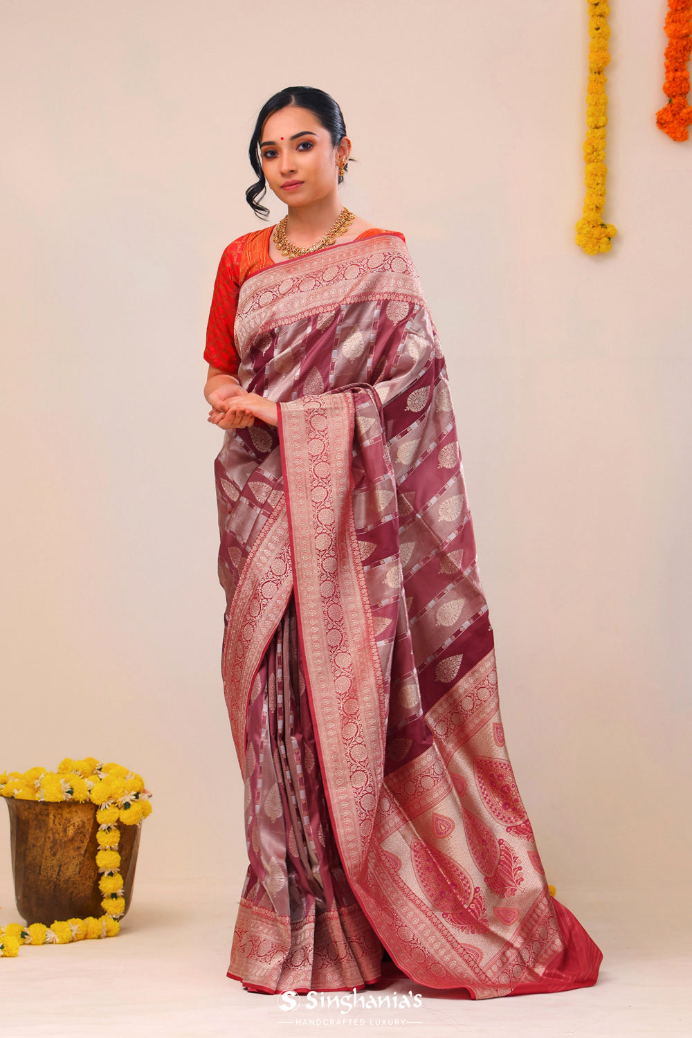 Hibiscus Red Butta Banarasi Silk Saree