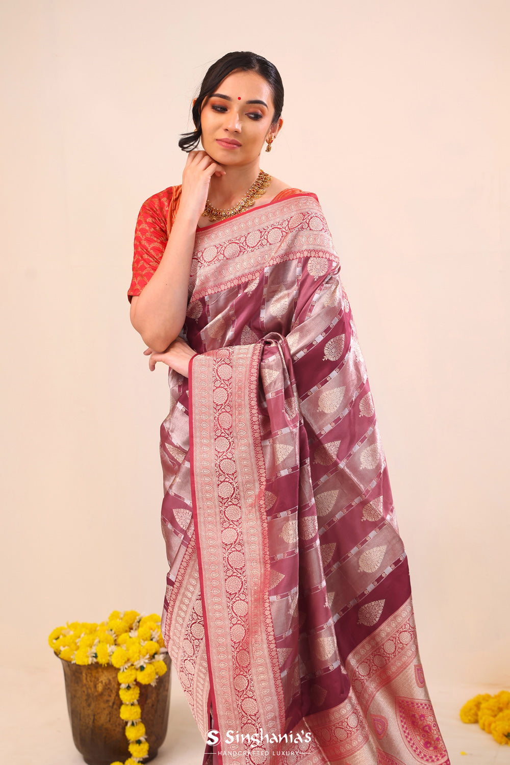 Hibiscus Red Butta Banarasi Silk Saree