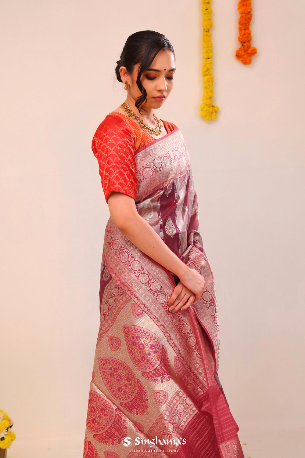 Hibiscus Red Butta Banarasi Silk Saree