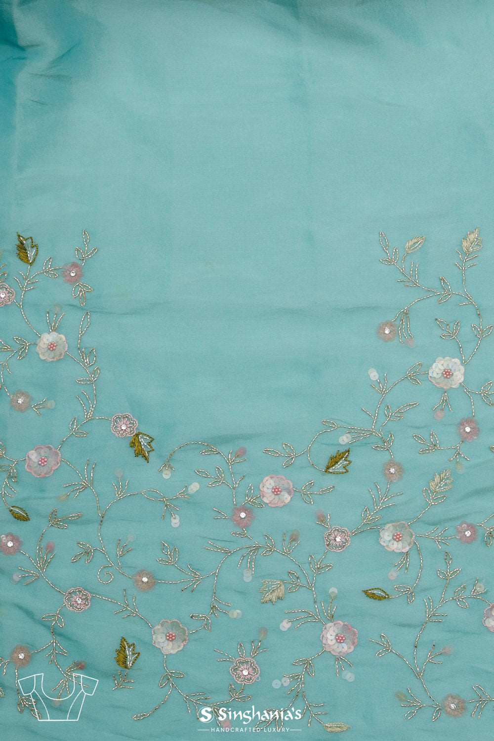 Tiffany Blue Crushed Tissue Handcrafted Saree