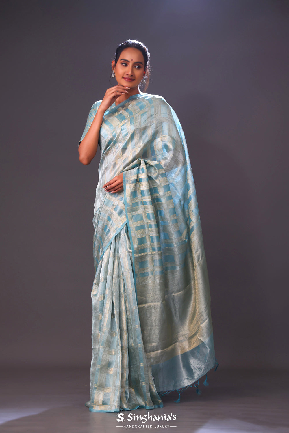 Powder Blue Tissue Chiniya Banarasi Saree