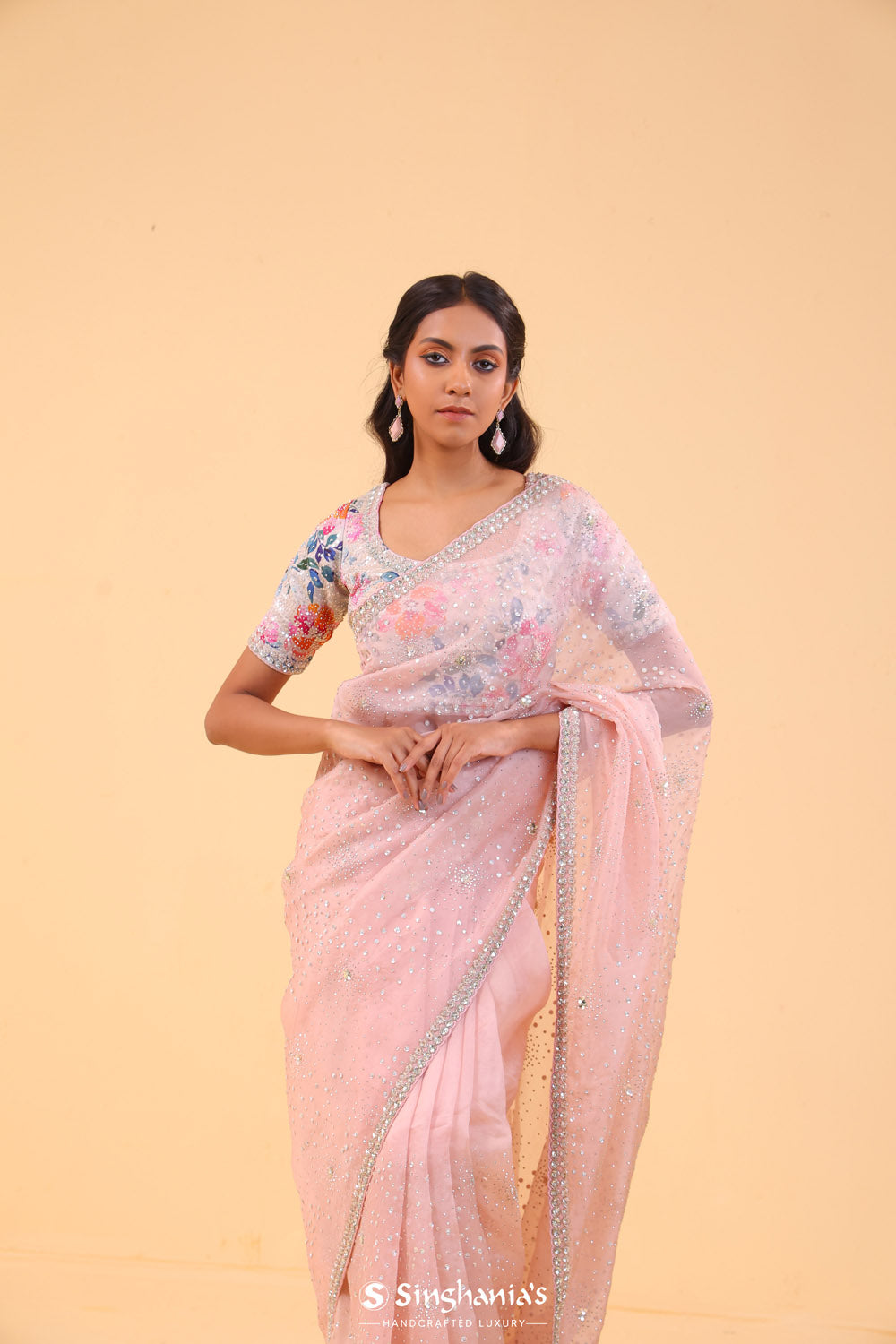 Pearl Pink Organza Handcrafted Saree