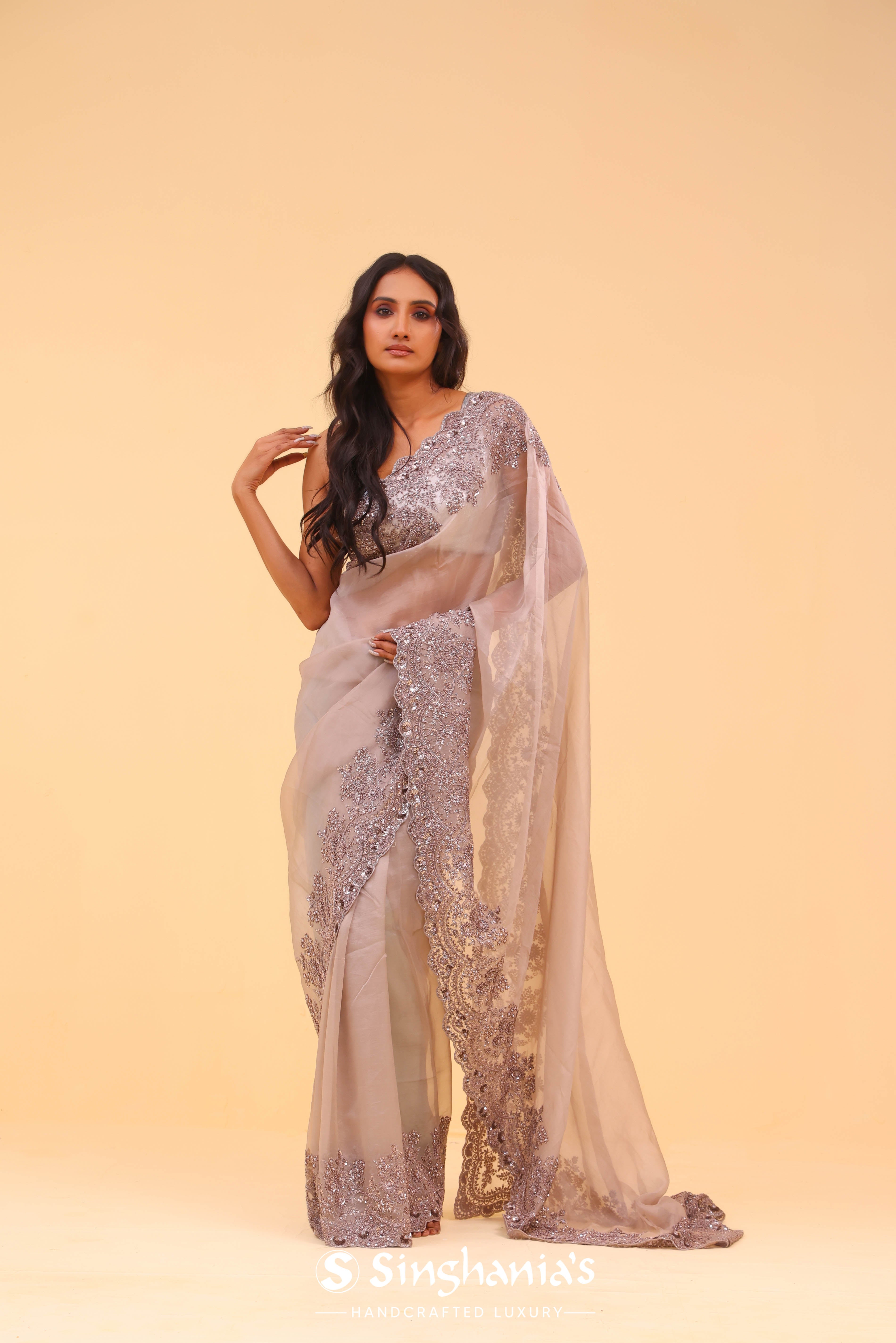 Faded Purple Organza Handcrafted Saree