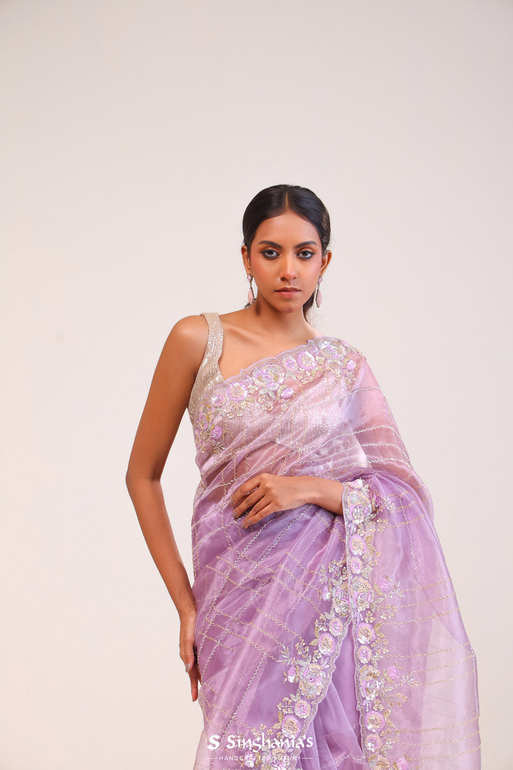 Dull Purple Organza Handcrafted Saree