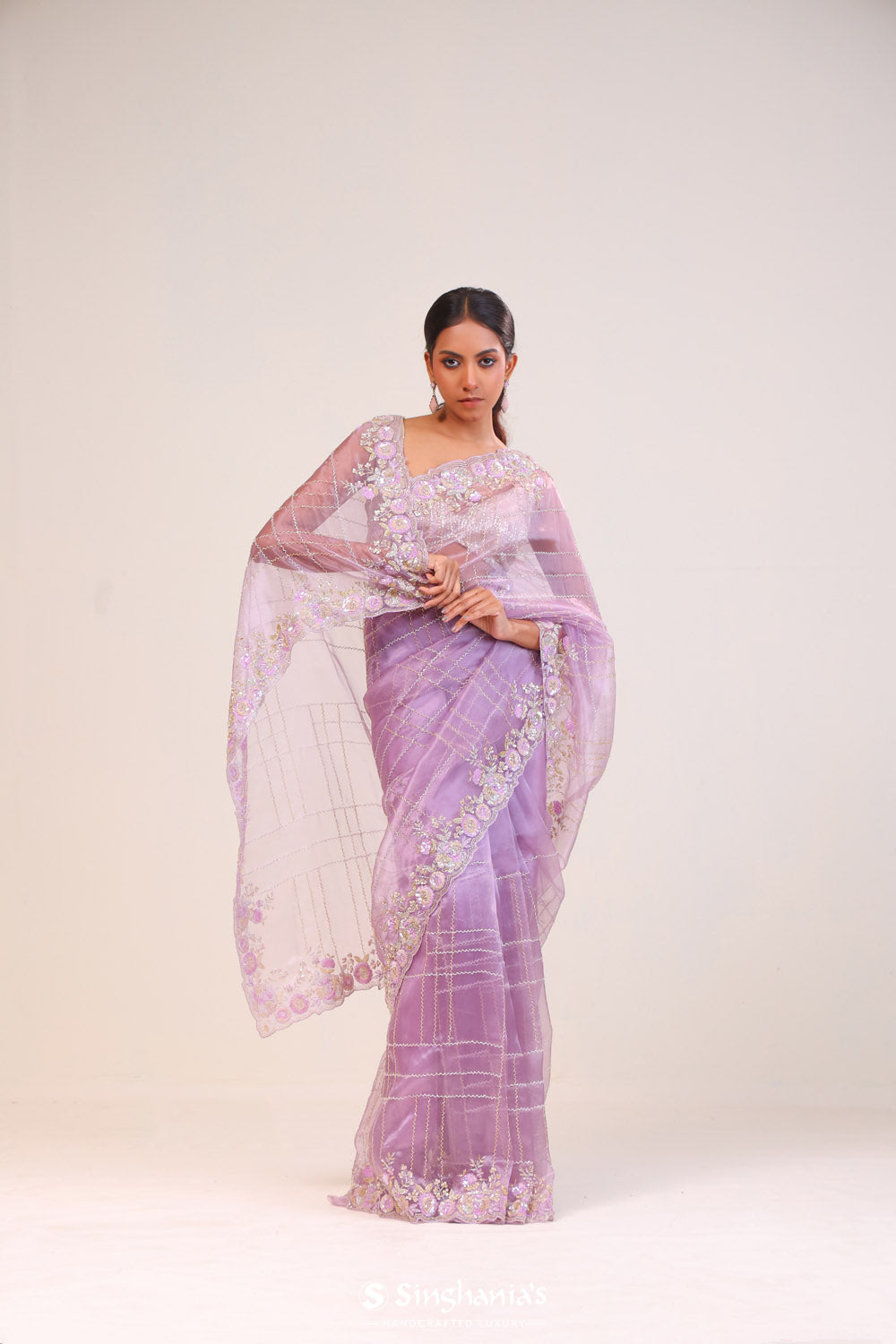 Dull Purple Organza Handcrafted Saree