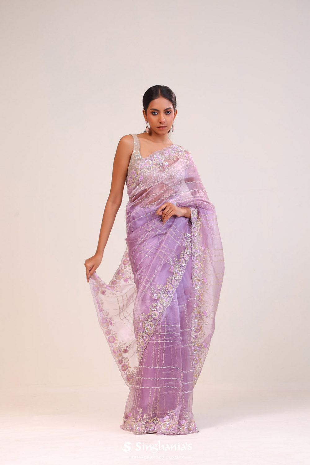 Dull Purple Organza Handcrafted Saree