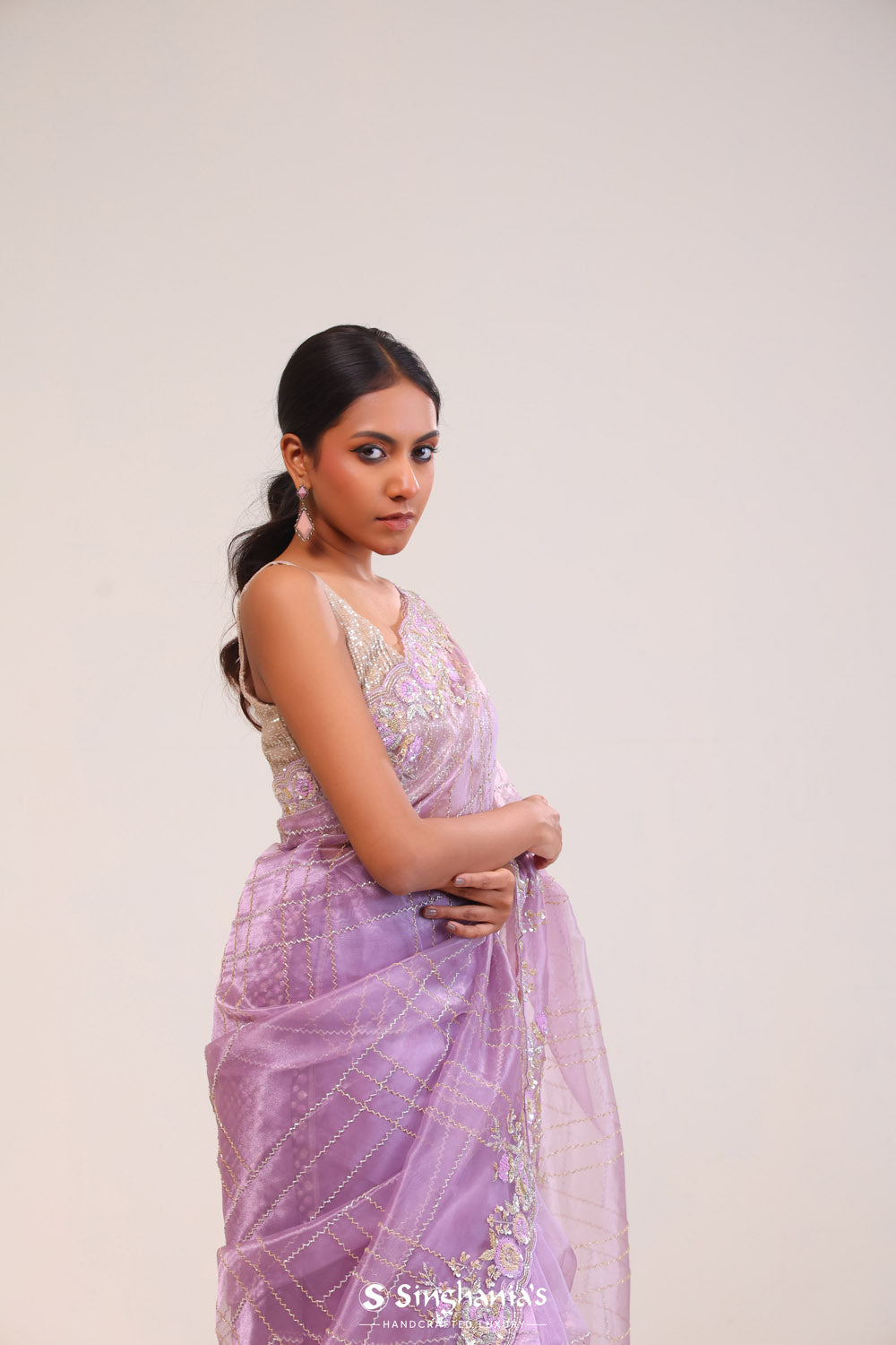 Dull Purple Organza Handcrafted Saree