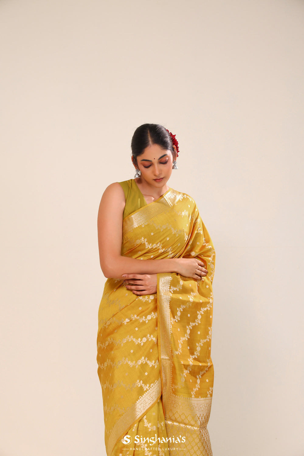 Durian Yellow Chiniya Banarasi Silk Saree