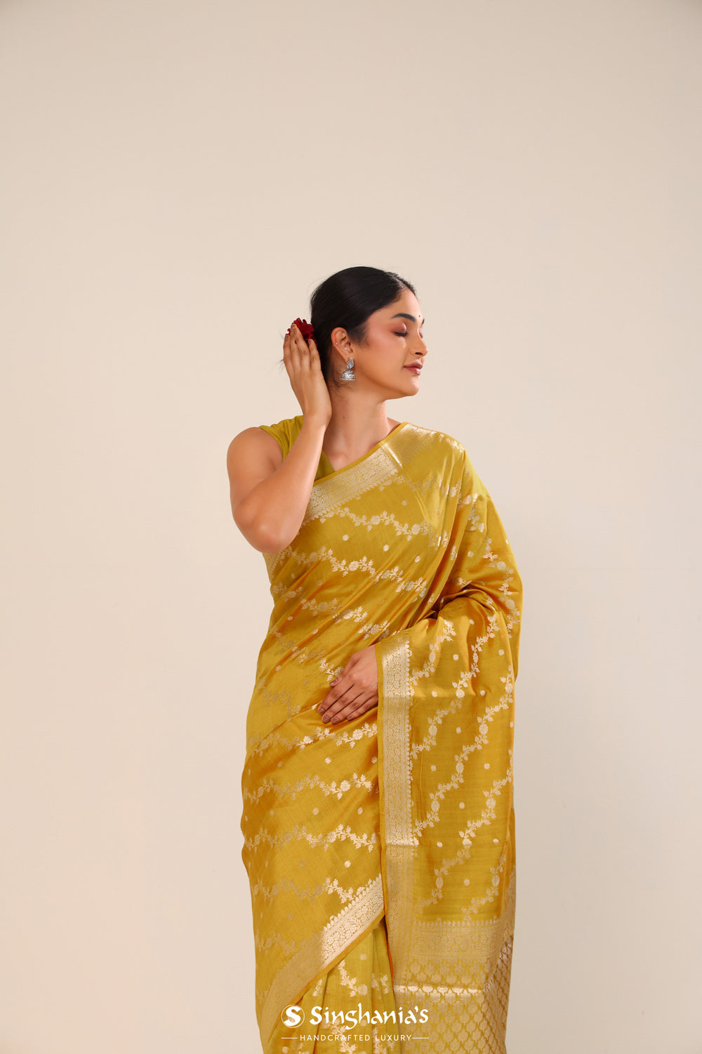 Durian Yellow Chiniya Banarasi Silk Saree