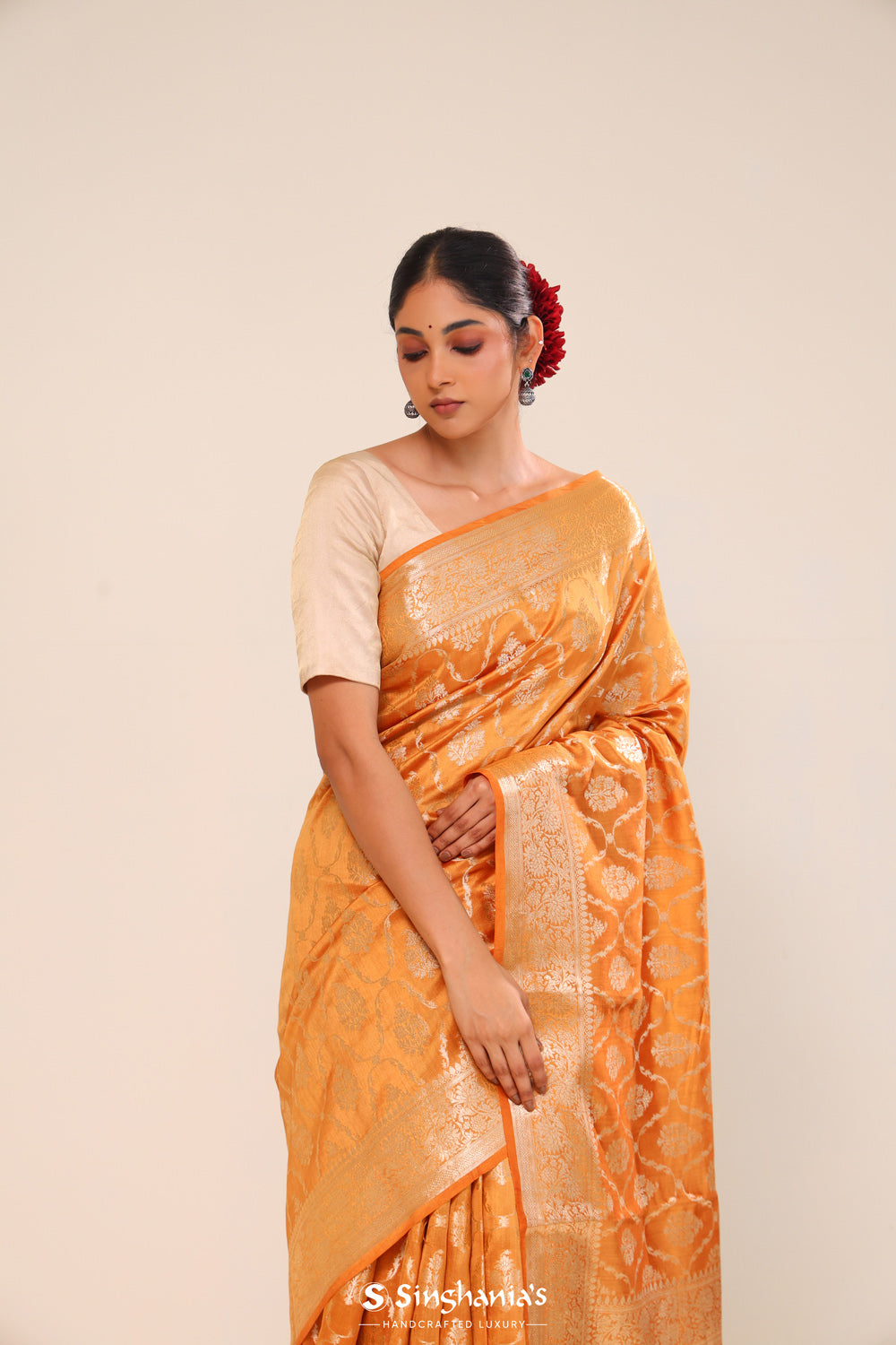 Yellow Orange Chiniya Banarasi Silk Saree