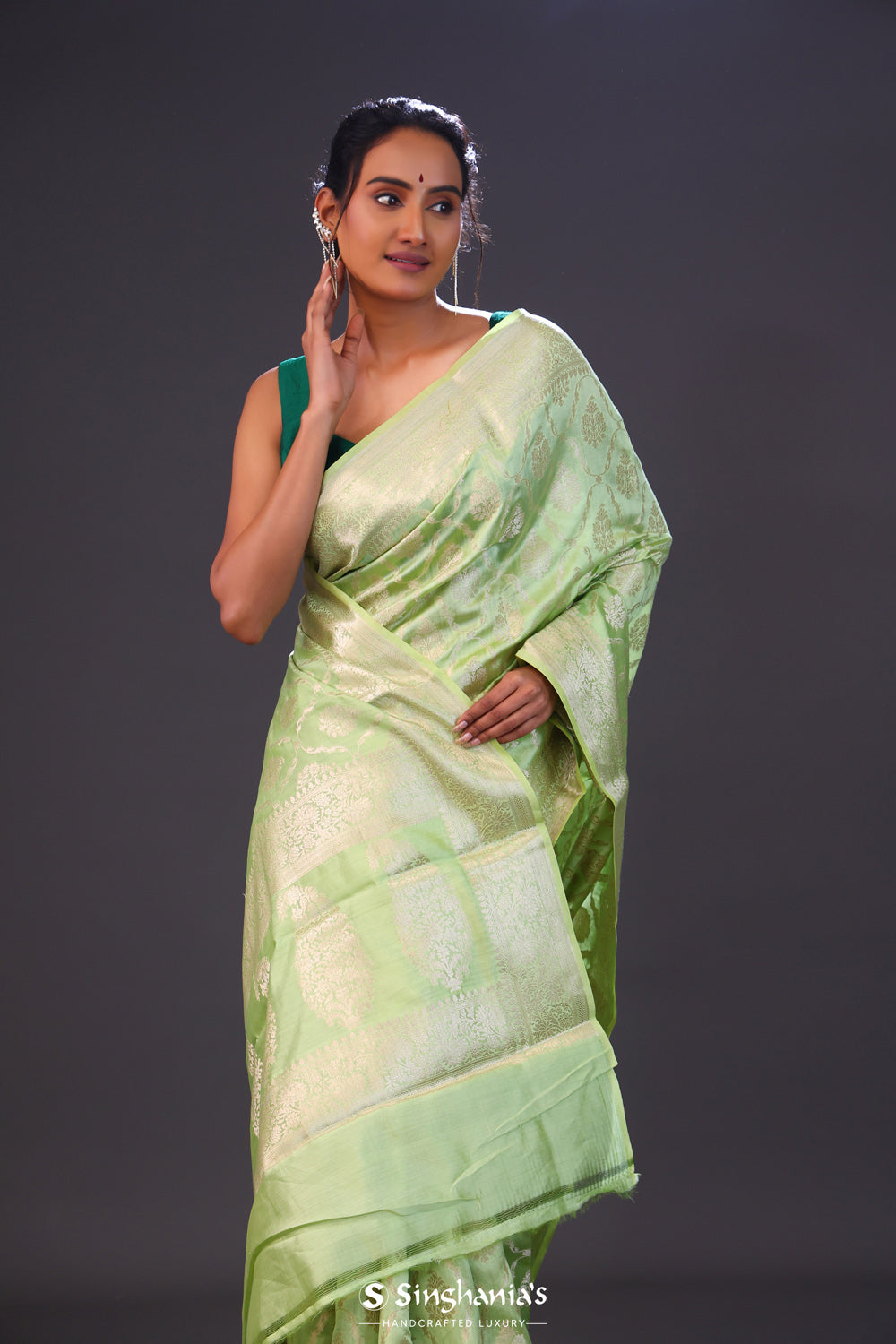 Apple Green Floral Jaal Chiniya Banarasi Silk Saree