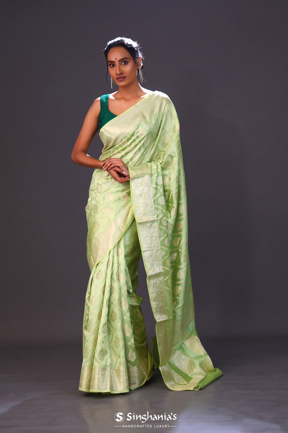 Apple Green Floral Jaal Chiniya Banarasi Silk Saree