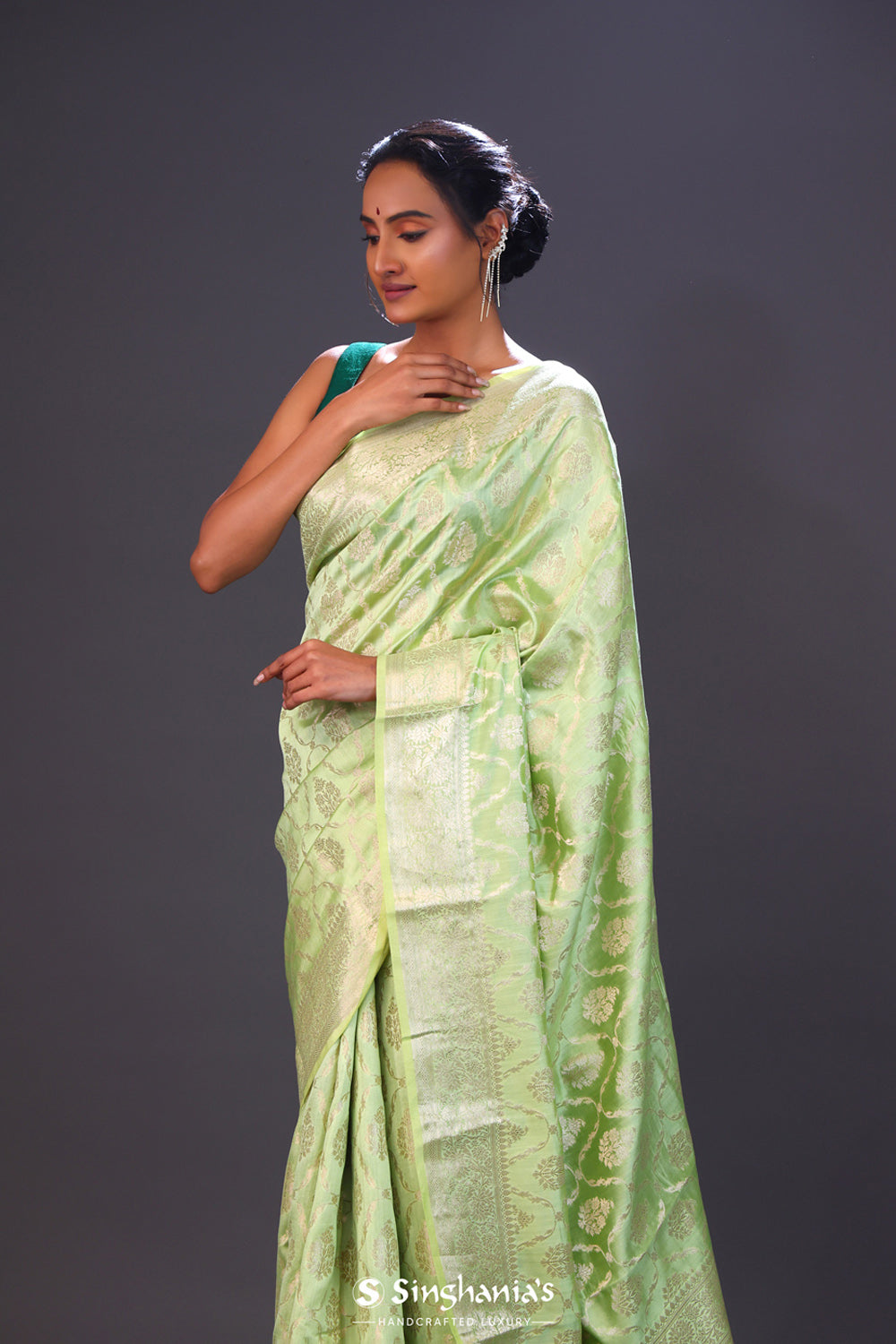 Apple Green Floral Jaal Chiniya Banarasi Silk Saree