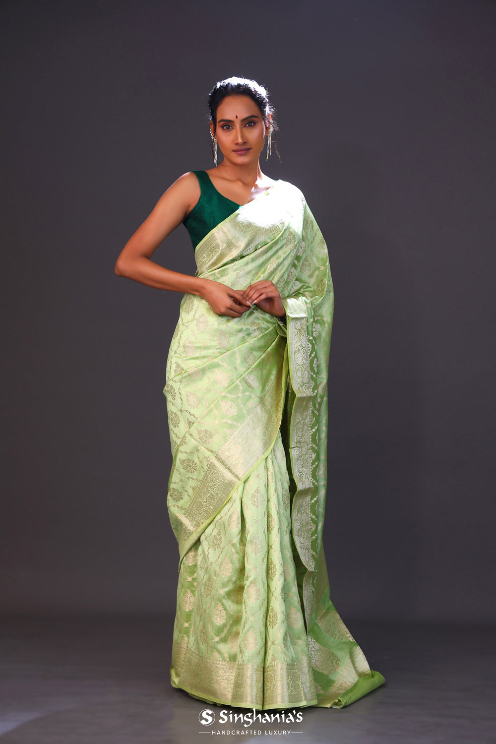 Apple Green Floral Jaal Chiniya Banarasi Silk Saree