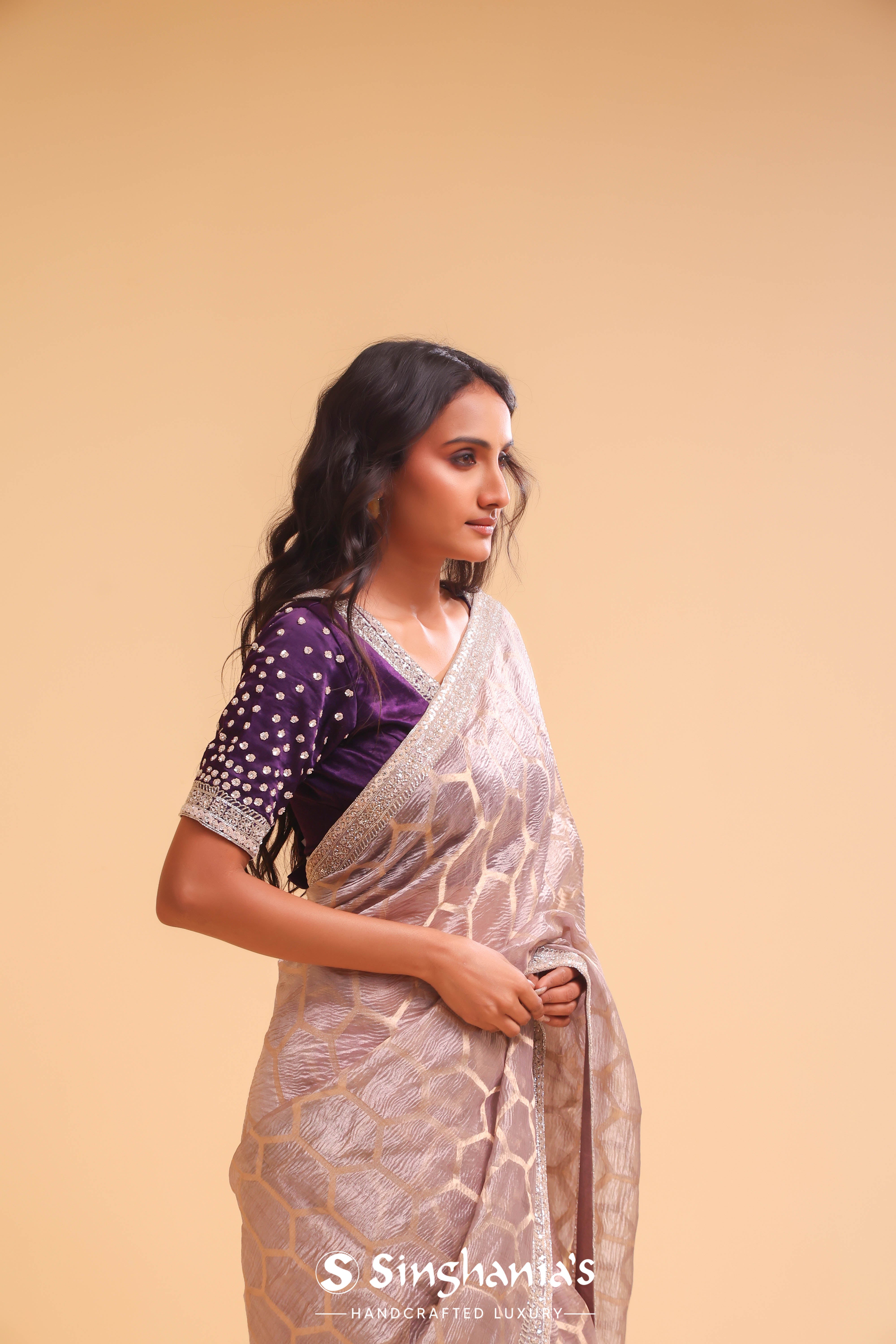 Pastel Beige Crushed Tissue Handcrafted Saree