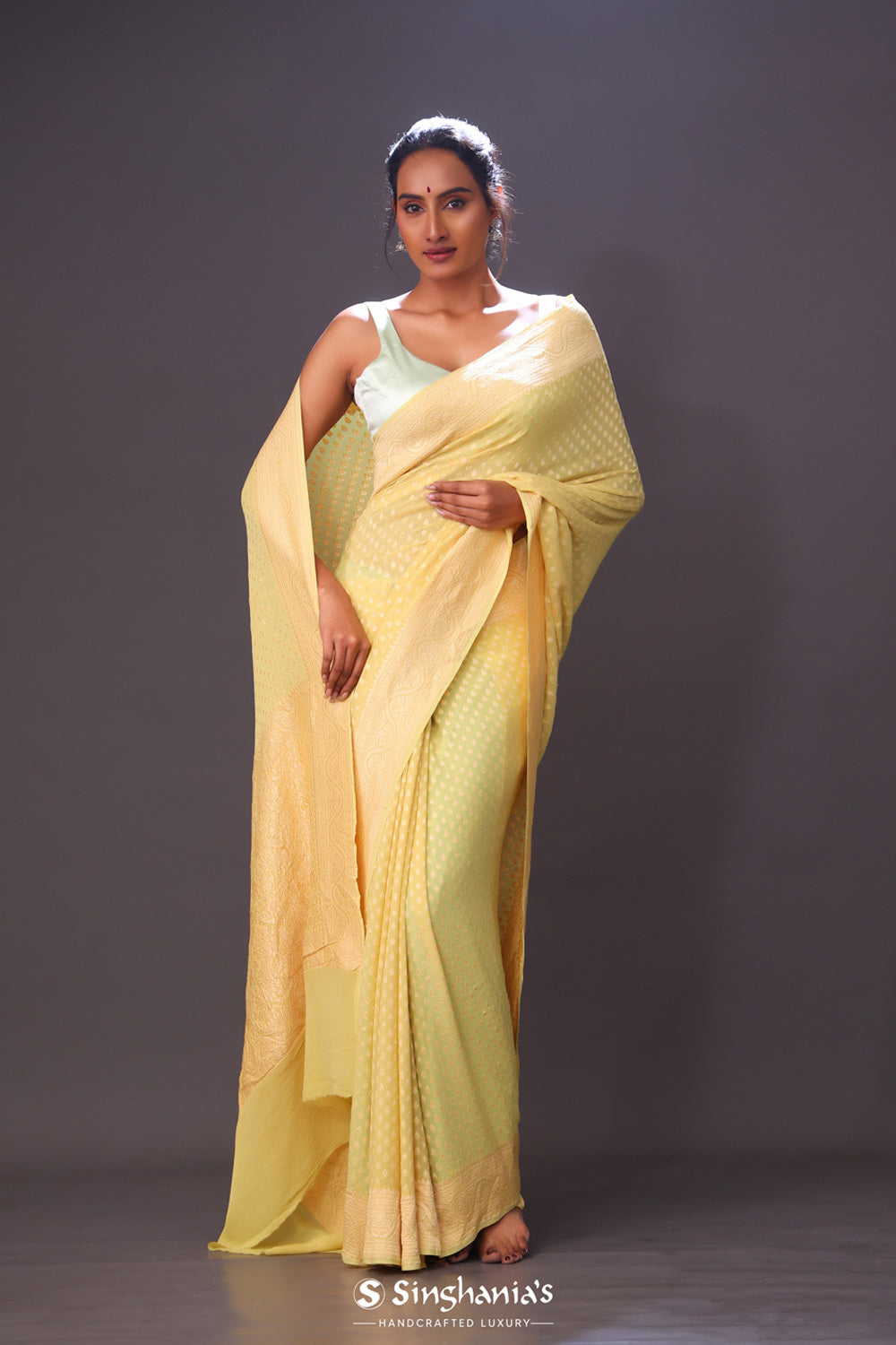 Pastel Olive Green Jaal Banarasi Silk Saree