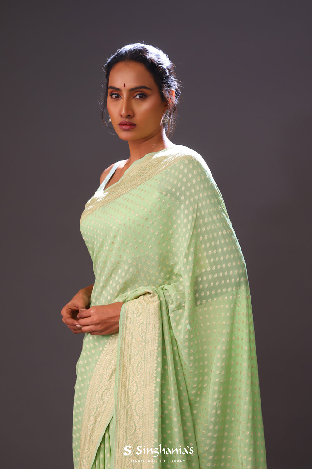 Tea Green Jaal Banarasi Silk Saree